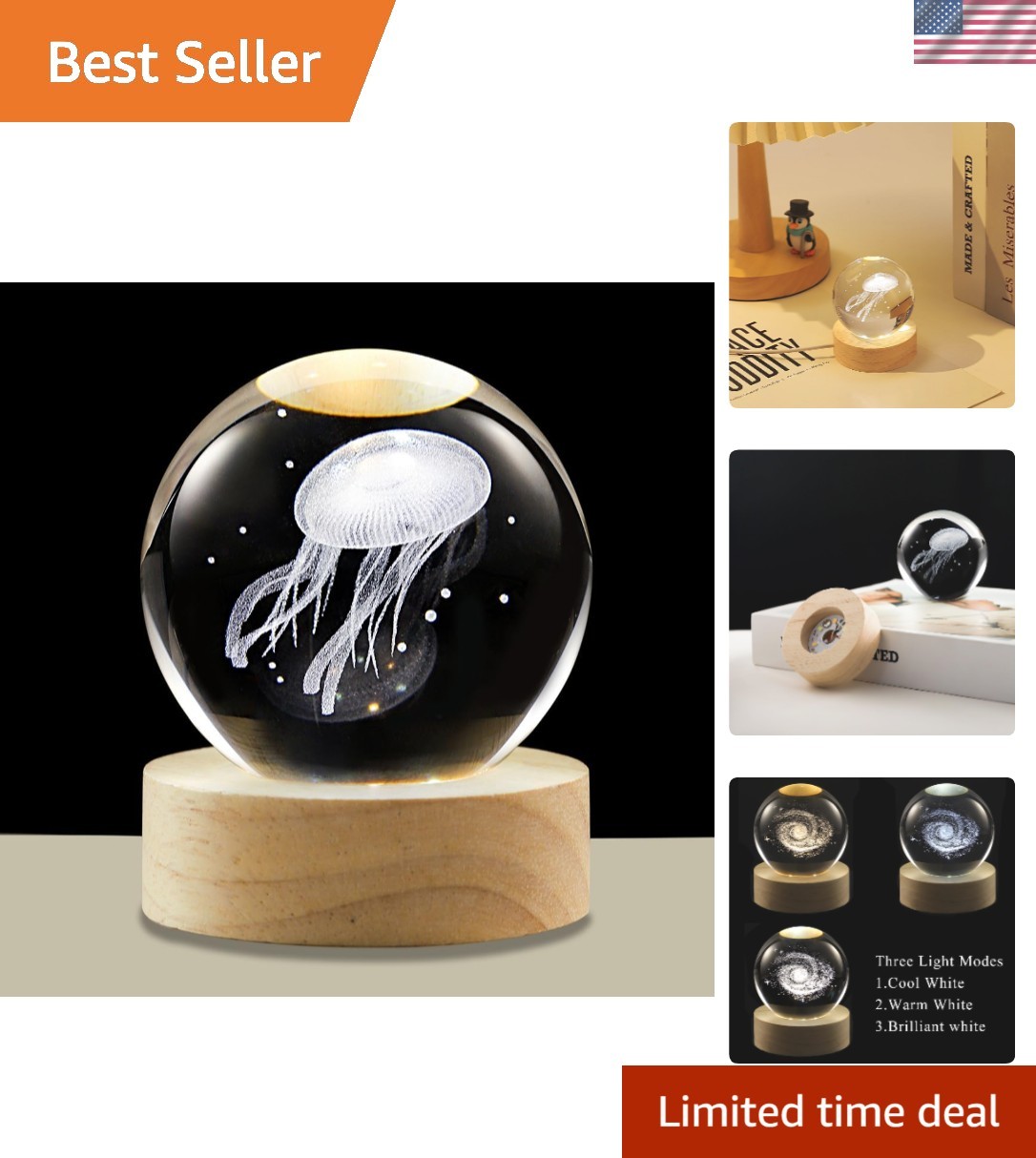 Beautiful 3D Jellyfish Lamp with Wood Base - Perfect for Home & Office Ambiance