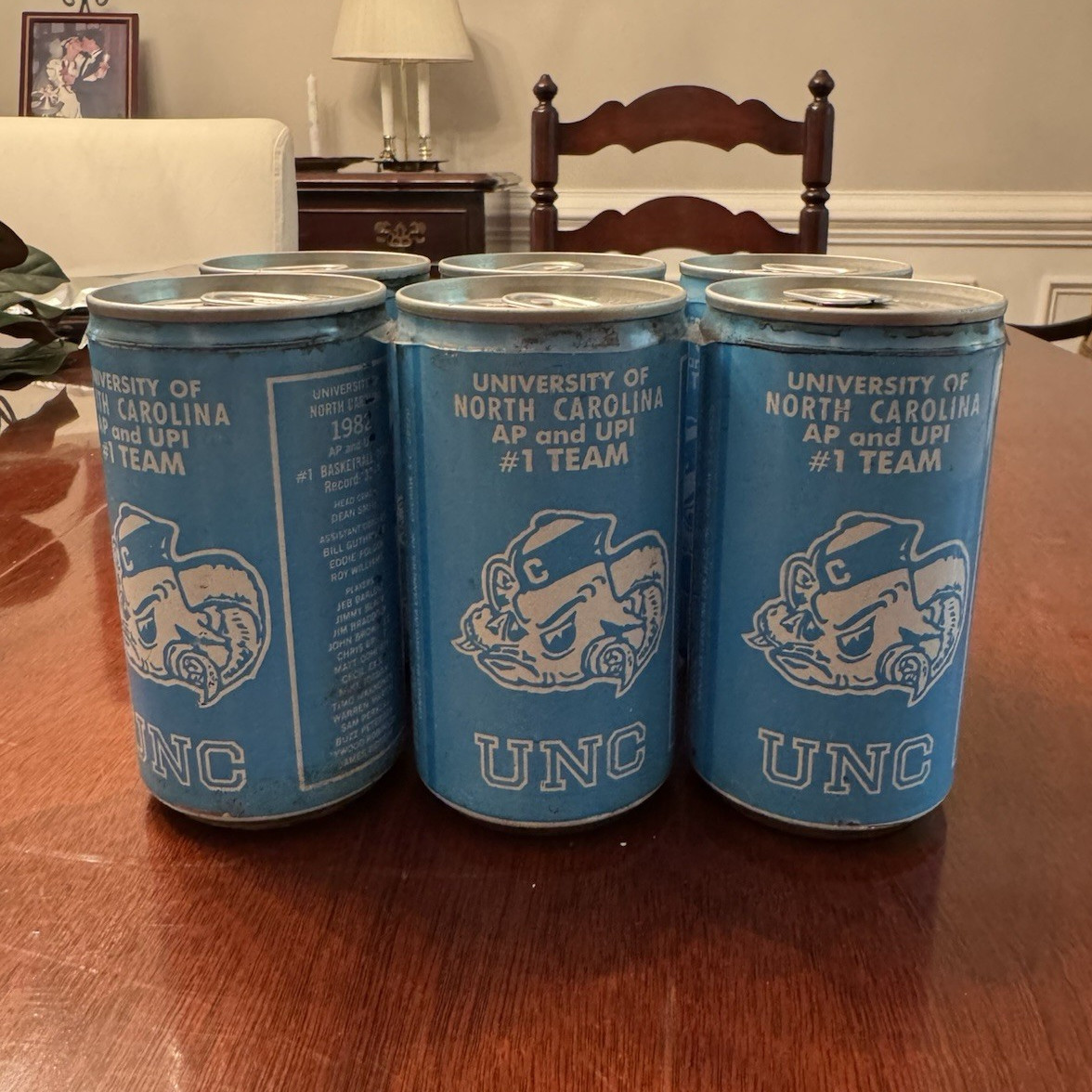UNC Tar Heels 1982 Lot of 6 Soda Pull-Tab Cans Blue/White MICHAEL JORDAN