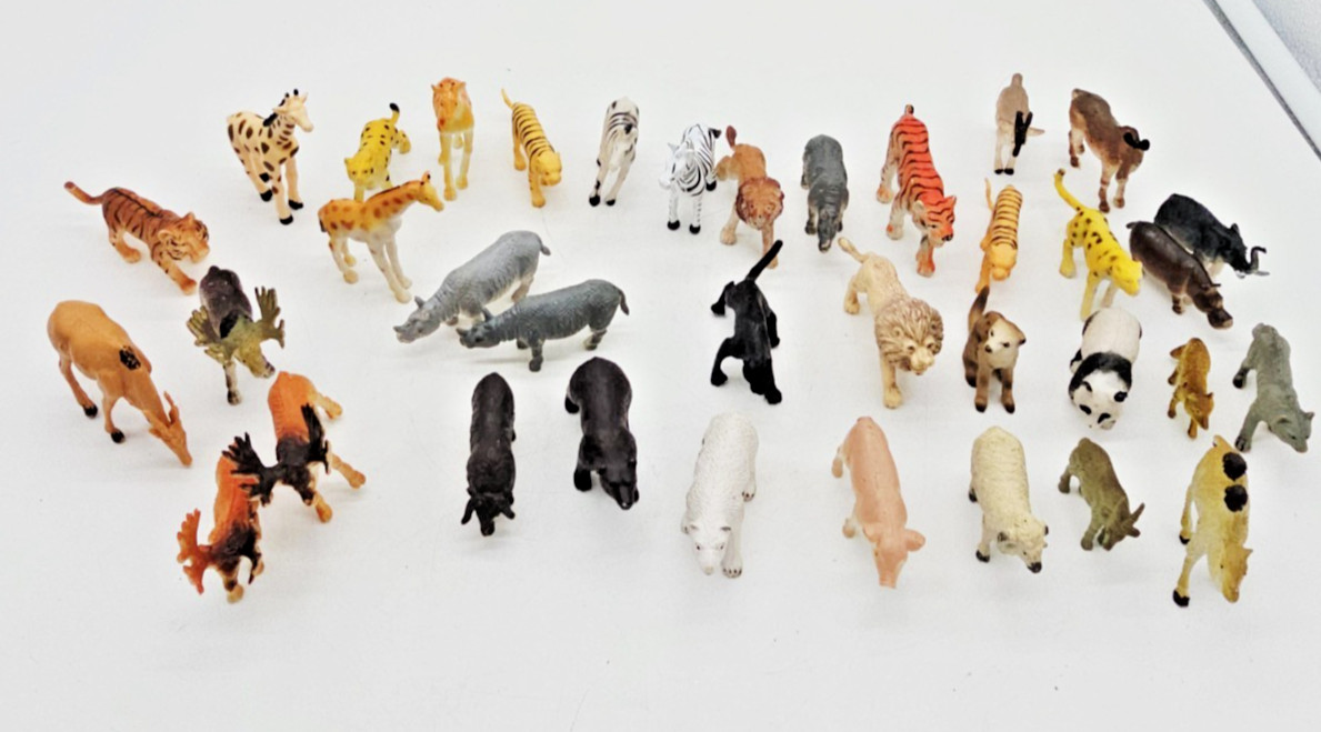 Large Lot of 36 Small 2" Jungle Wild Farm Animals Plastic Toy Figures Pretend
