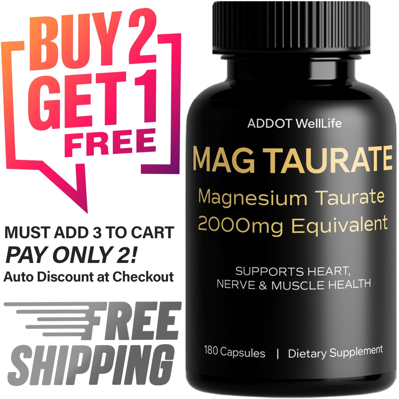 Mag Taurate 2000mg | Magnesium Taurate 180 Capsules | Heart, Nerve & Muscle Supp