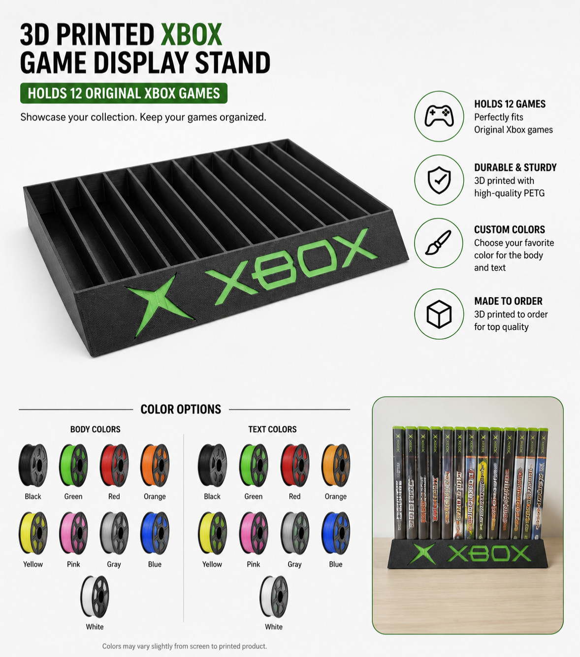 3D Printed Xbox Game Display Stand – Holds 12 Games Multiple Color Option