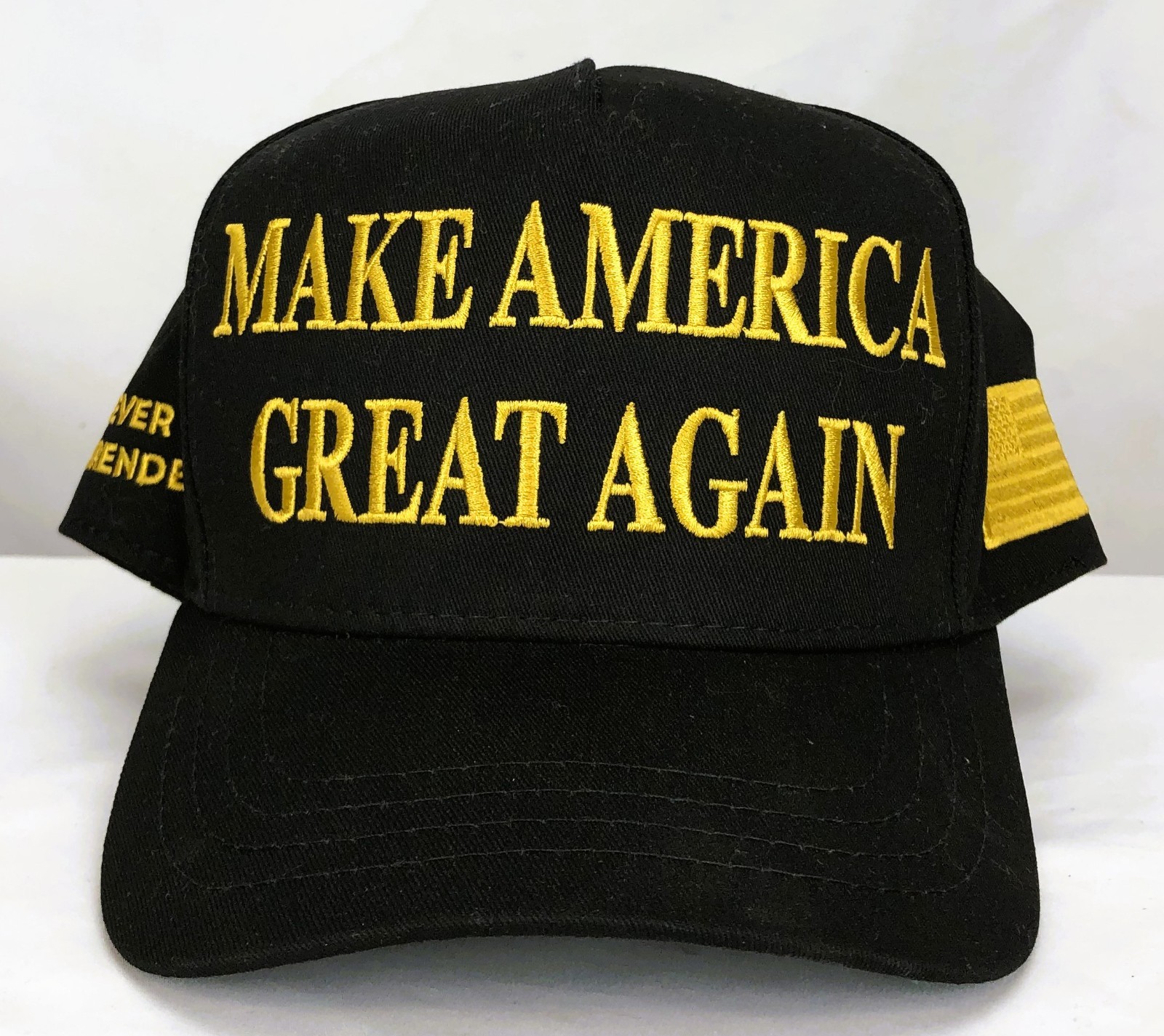 Trump MAGA Hat Black Gold Cali-Fame Never Surrender Made in USA Hat Make America