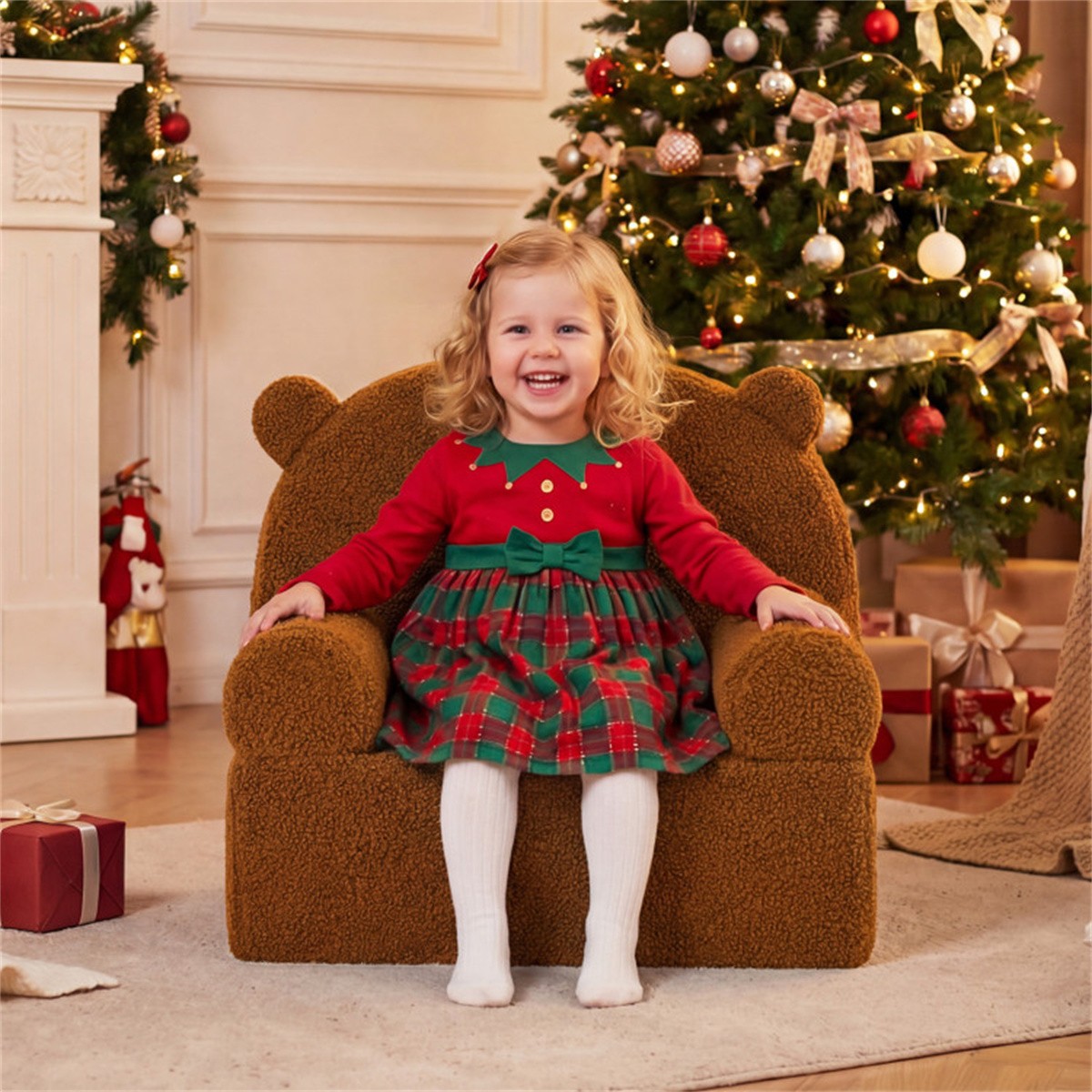 Kids Sofa Bear Shaped Teddy Fleece Foam Chair for Toddlers 3+ Portable Brown