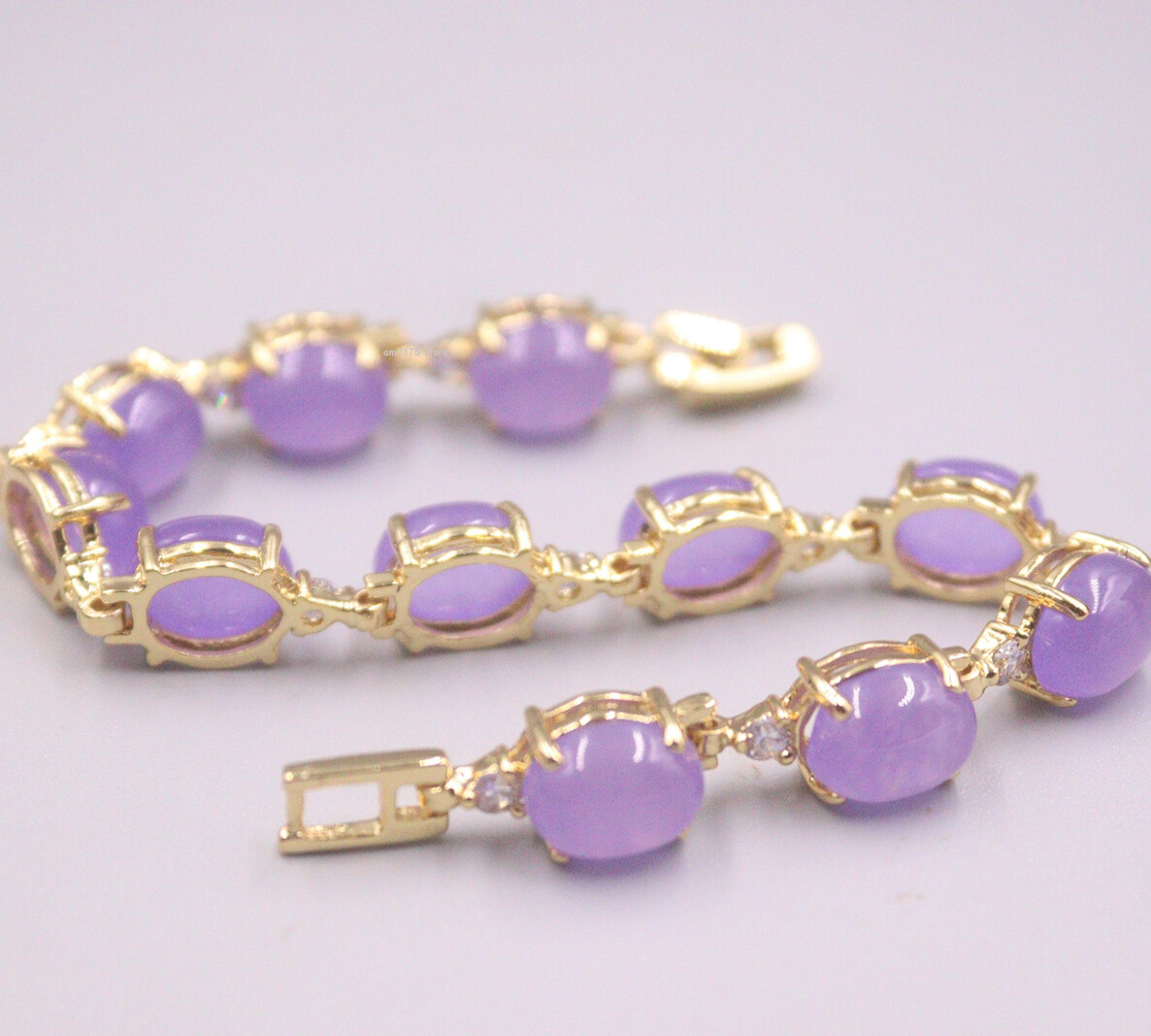 18K Yellow Gold Cover Alloy Handmade  Purple Jade Women Gemstone Bracelet 7.5''L