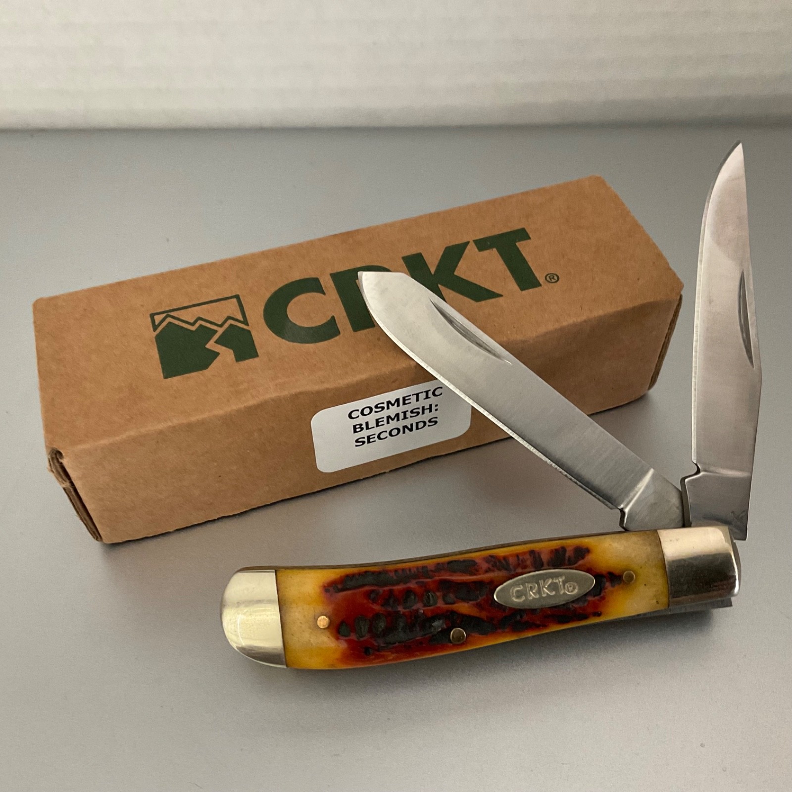 CRKT 2 BLADE AMBER JIG BONE TRAPPER POCKET KNIFE 6064 Sold as Blem