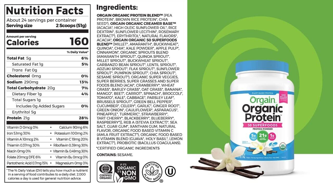Orgain Organic Plant Based Protein Powder, Vegan, Non-GMO, Gluten Free, 1 Count,