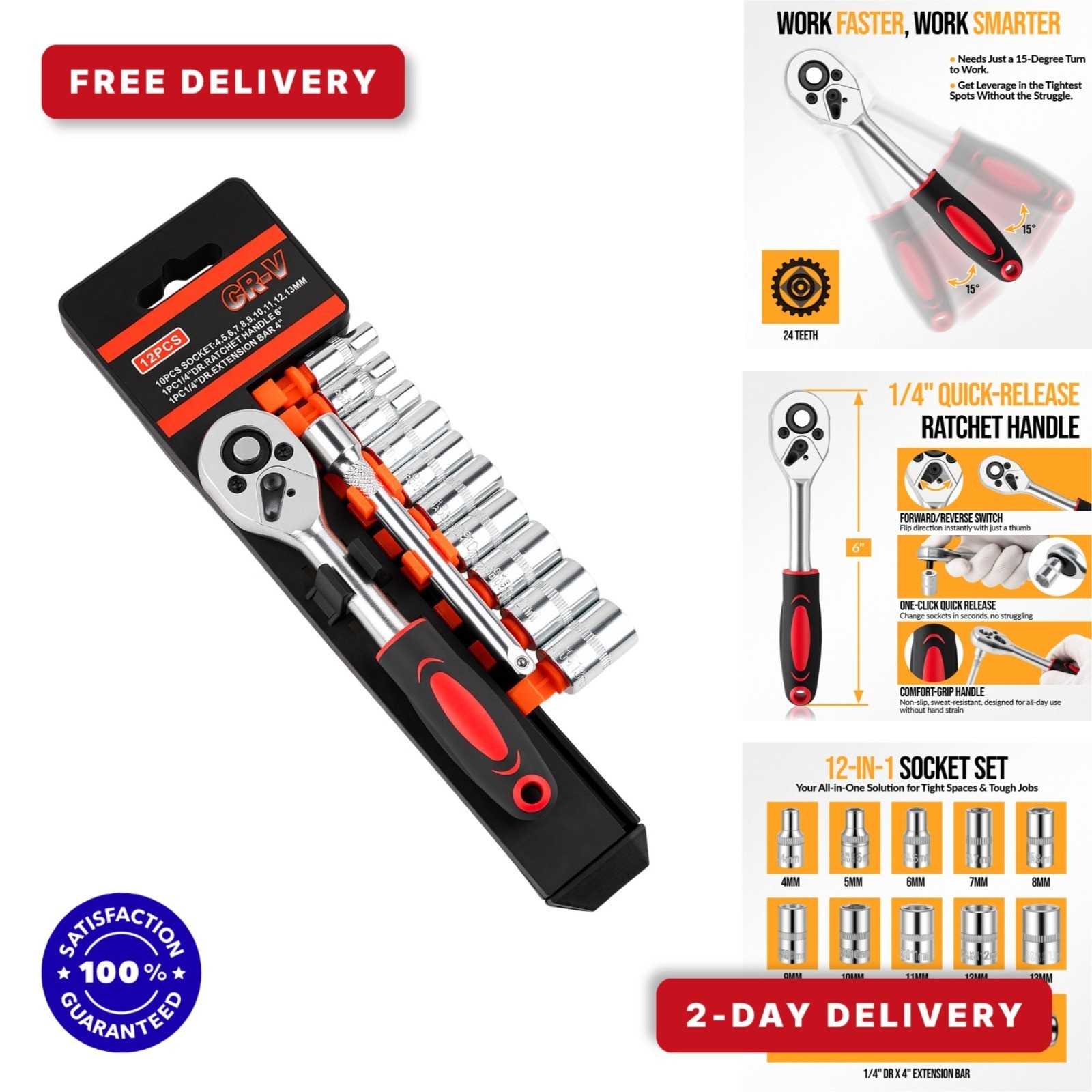 12PCS Mini Ratchet Socket Set - Premium 1/4 Inch Drive Wrench Set