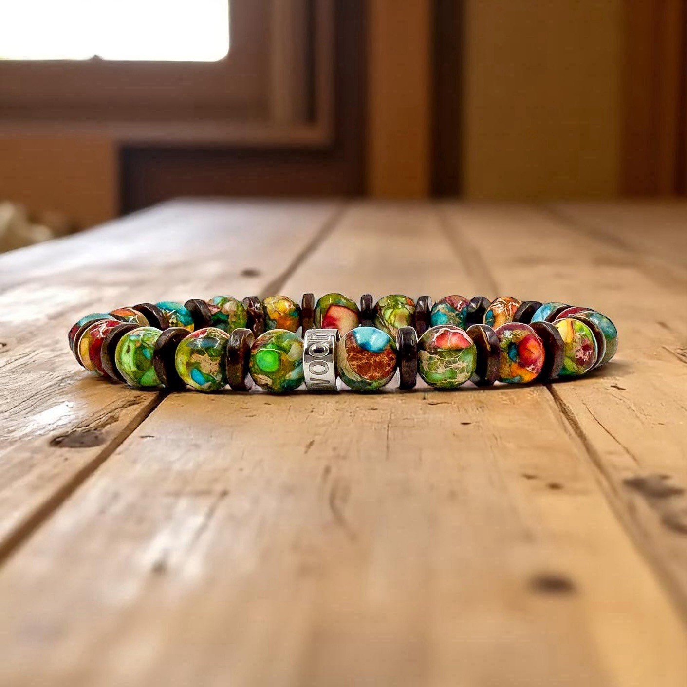 Men’s Gemstone & Wood Bead Bracelet - Jungle Fiesta - Handmade Stretch Jewelry
