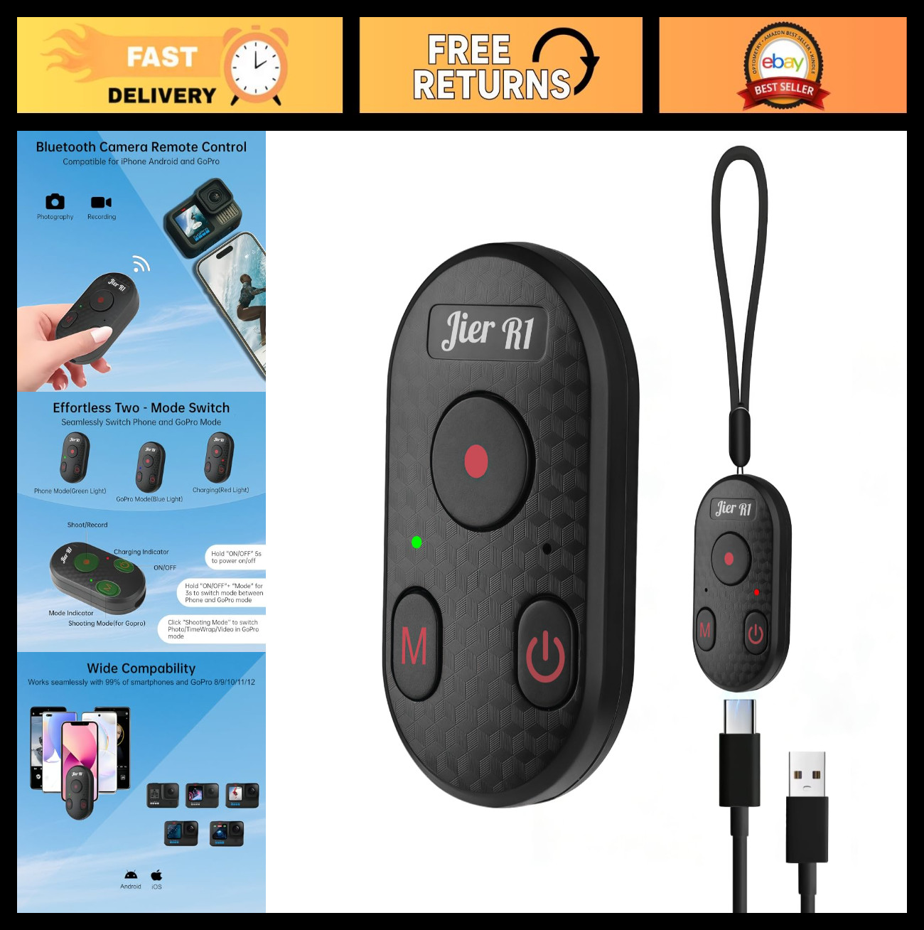 Bluetooth Camera Remote Shutter for iPhone & GoPro - 65ft Range, Type-C Charging