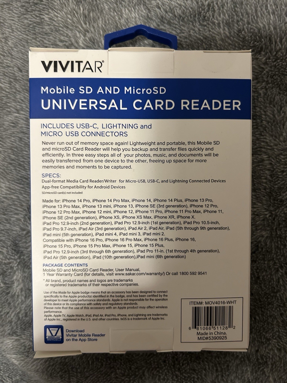 Vivitar SD MicroSD Card Reader USB-C Lightning Micro USB for iPhone iPad Apple