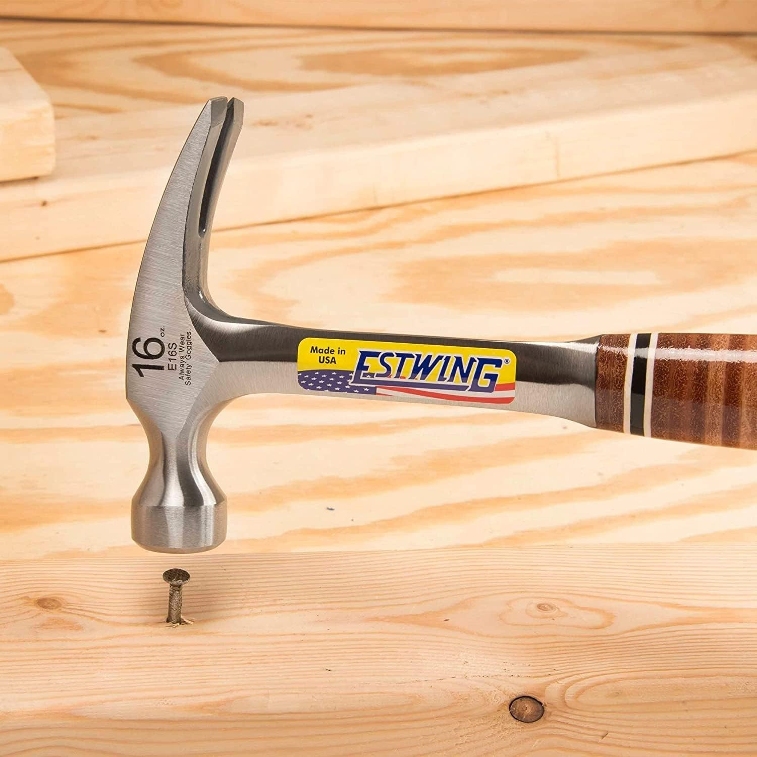 Hammer - 16 Oz Straight Rip Claw with Smooth Face & Genuine Leather Grip - E16S