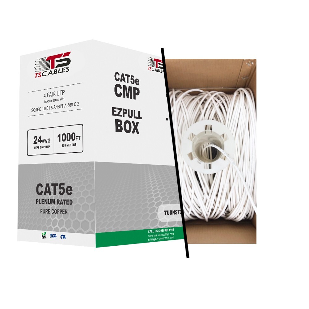 TS Cables Cat5e Plenum 350Mhz 24Awg UTP Solid Bare Copper 1000Ft Cable White