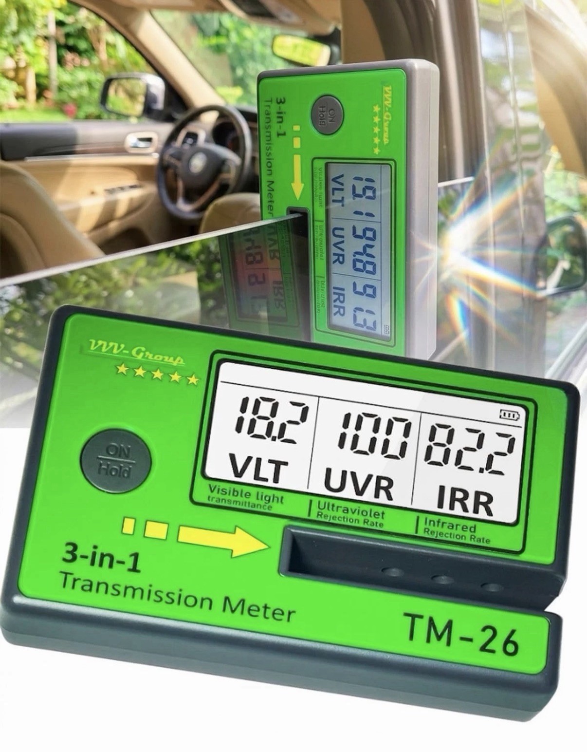 Digital Window Tint Meter TM-26 – Automotive VLT Tester with UVR & IRR Measureme
