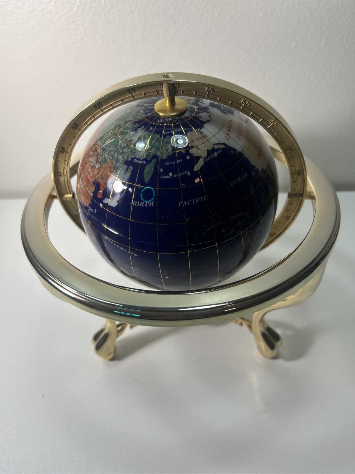 Globe Blue Ocean Gold Tone 3 Leg Table Stand Gen MOP World Map GEM STONE
