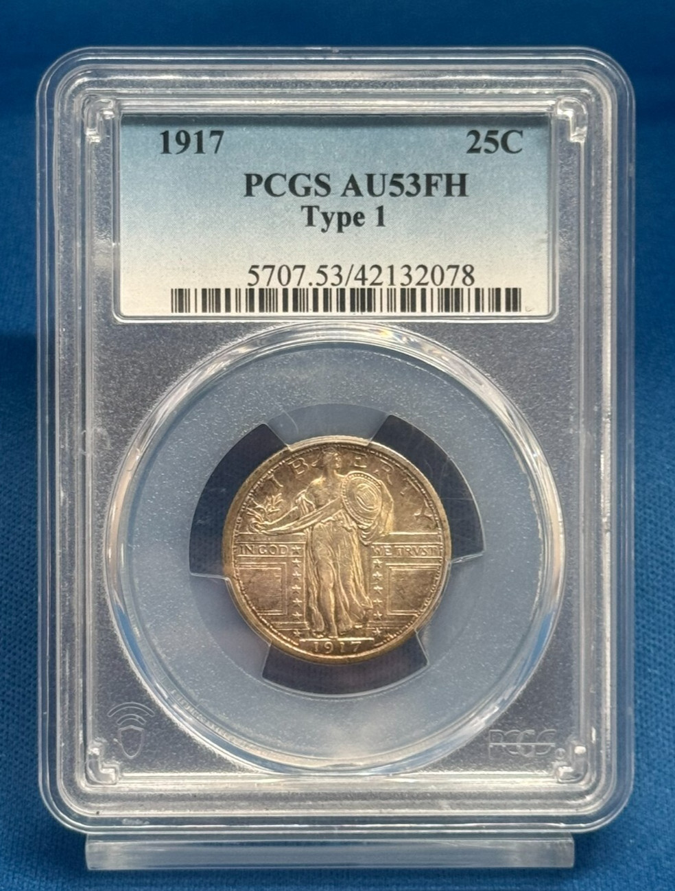 1917 Type 1 Standing Liberty Quarter PCGS AU53 FH – Bold Shield Design