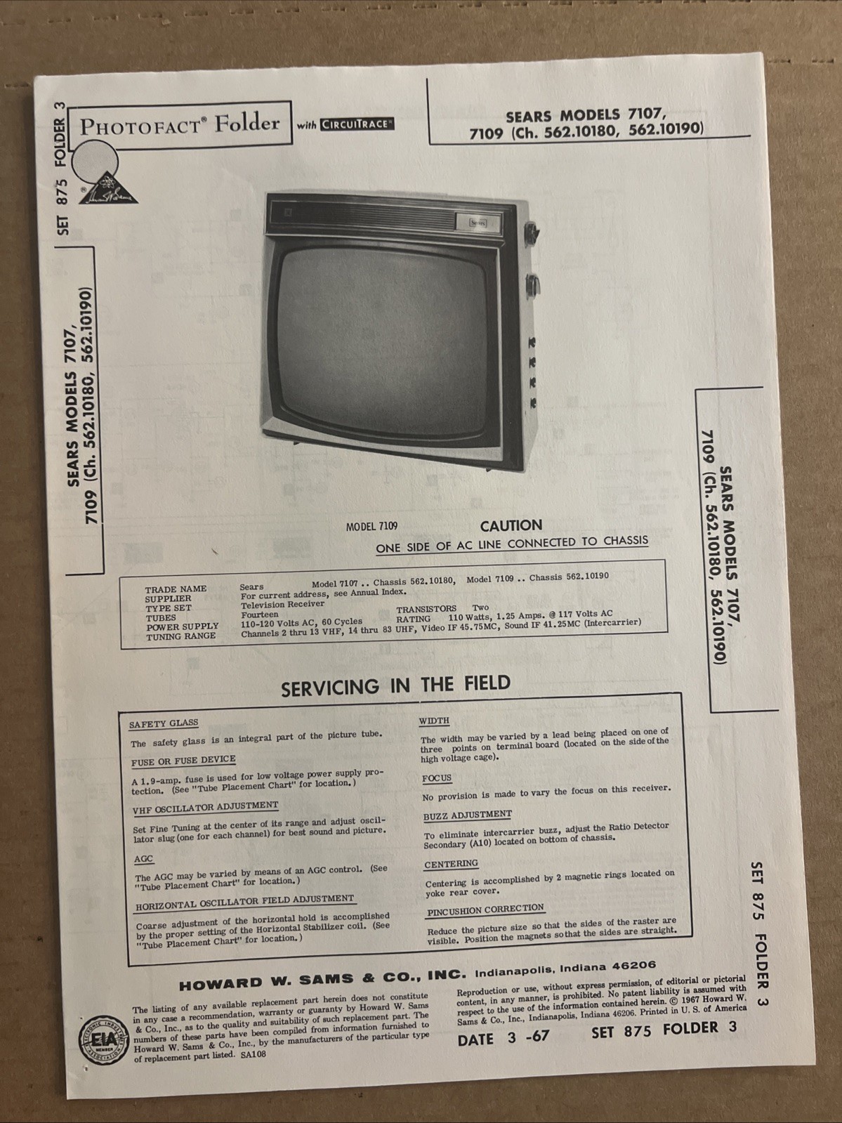 Vintage Sams Photofact Schematic 3-1967 SEARS MODELS 7107, 7109