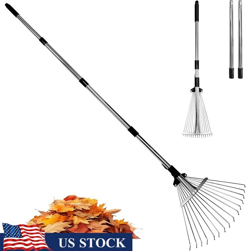 Adjustable Heavy Duty Metal Rake Expandable Handle Ergonomic Grip Yard Tool New