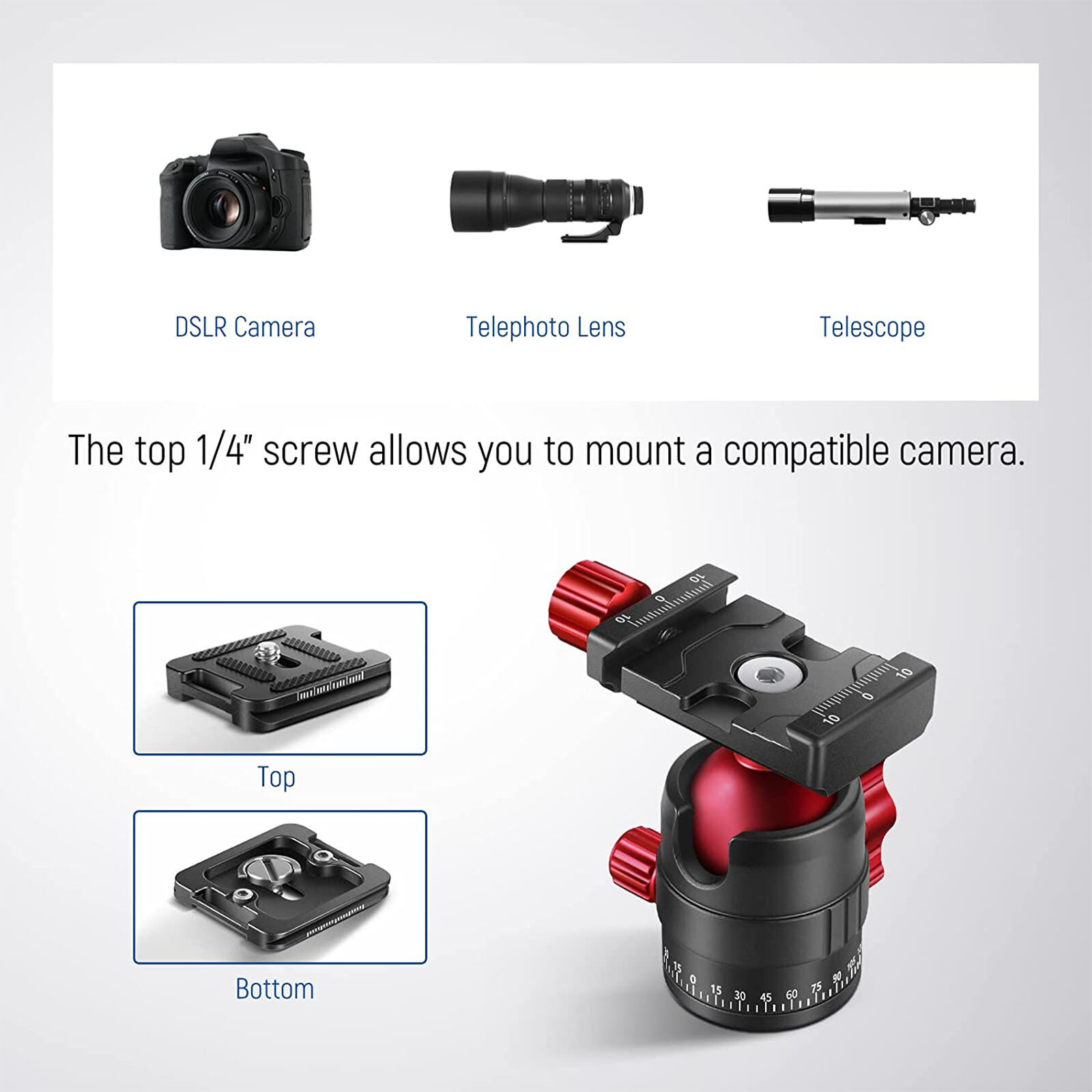 Ball Head with 1/4" Quick Plate for Tripod Monopod Slider Camera