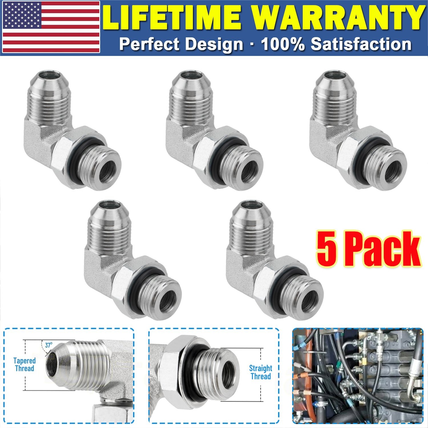 5x 90° Elbow Hydraulic Hose Fittings 1/2" JIC 37° Male x #8 SAE/ORB Male w/cover