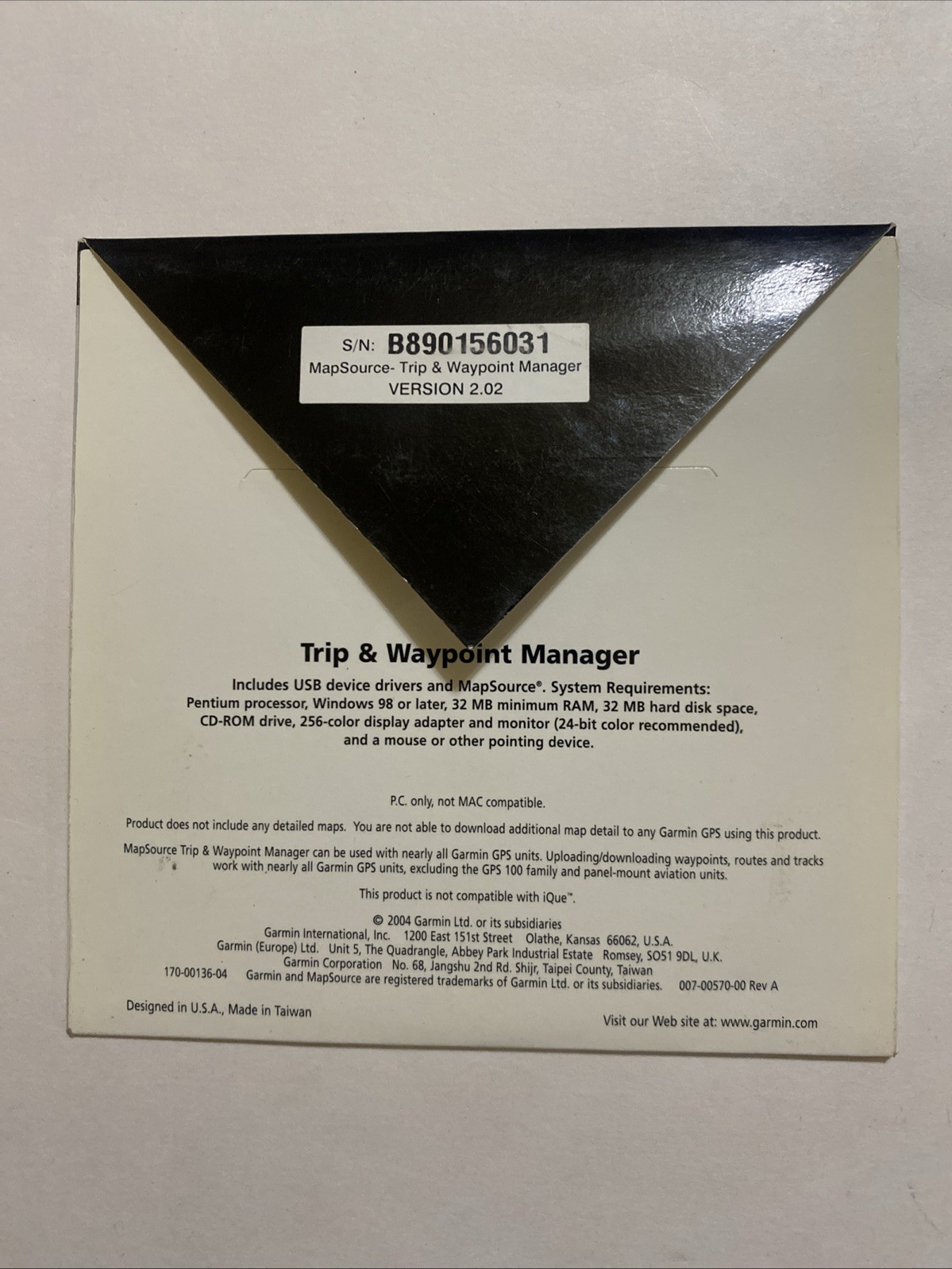 Garmin MapSource Trip & Waypoint Manager CD v2.02 Windows 98 XP GPS Software