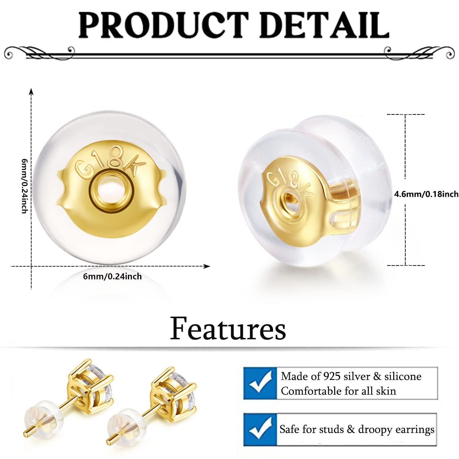 18K Gold Locking Secure Earring Backs for Studs, Silicone Earring Backs Repla...