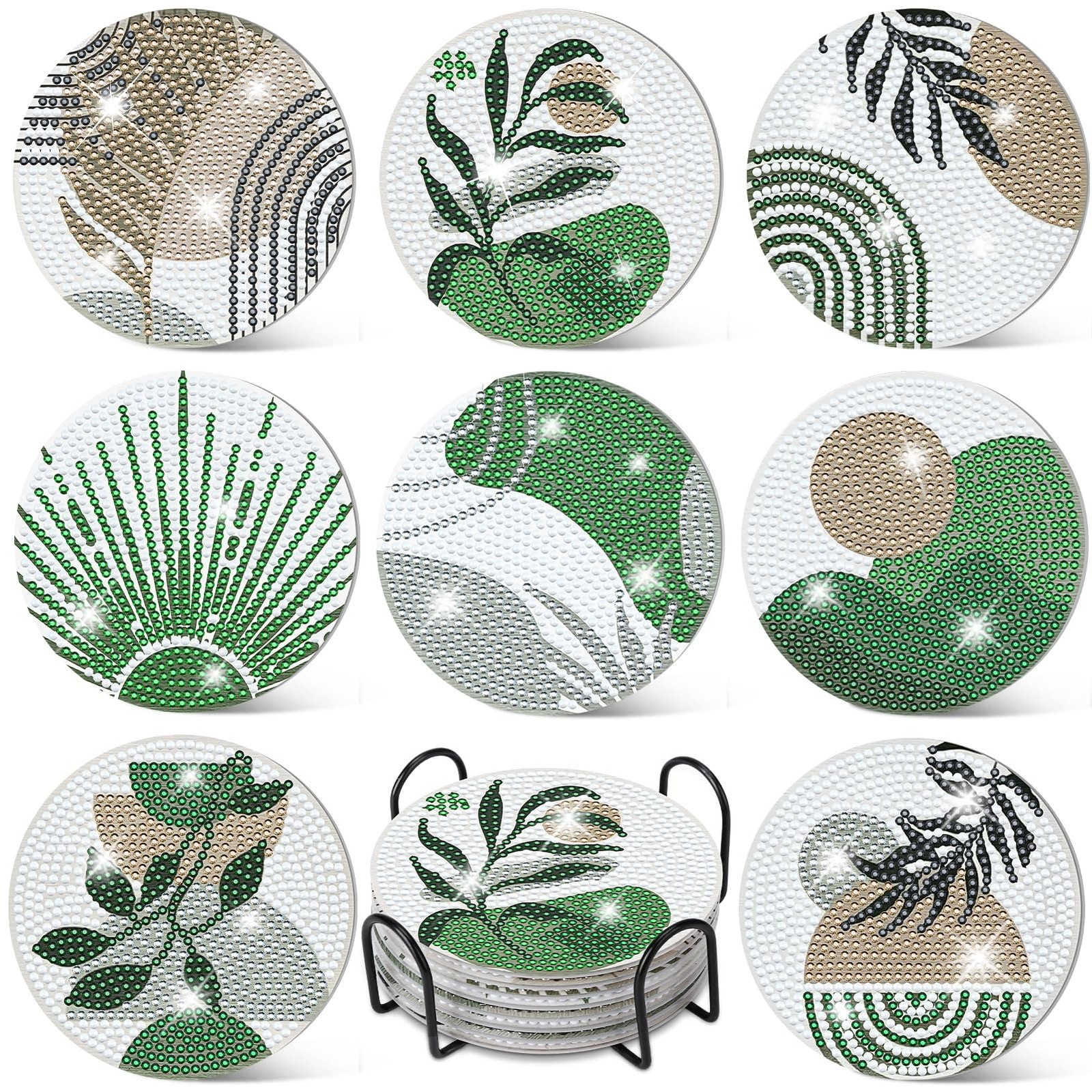 Ovveroche 8 Pcs Diamond Art Painting Coasters with Holder, Green