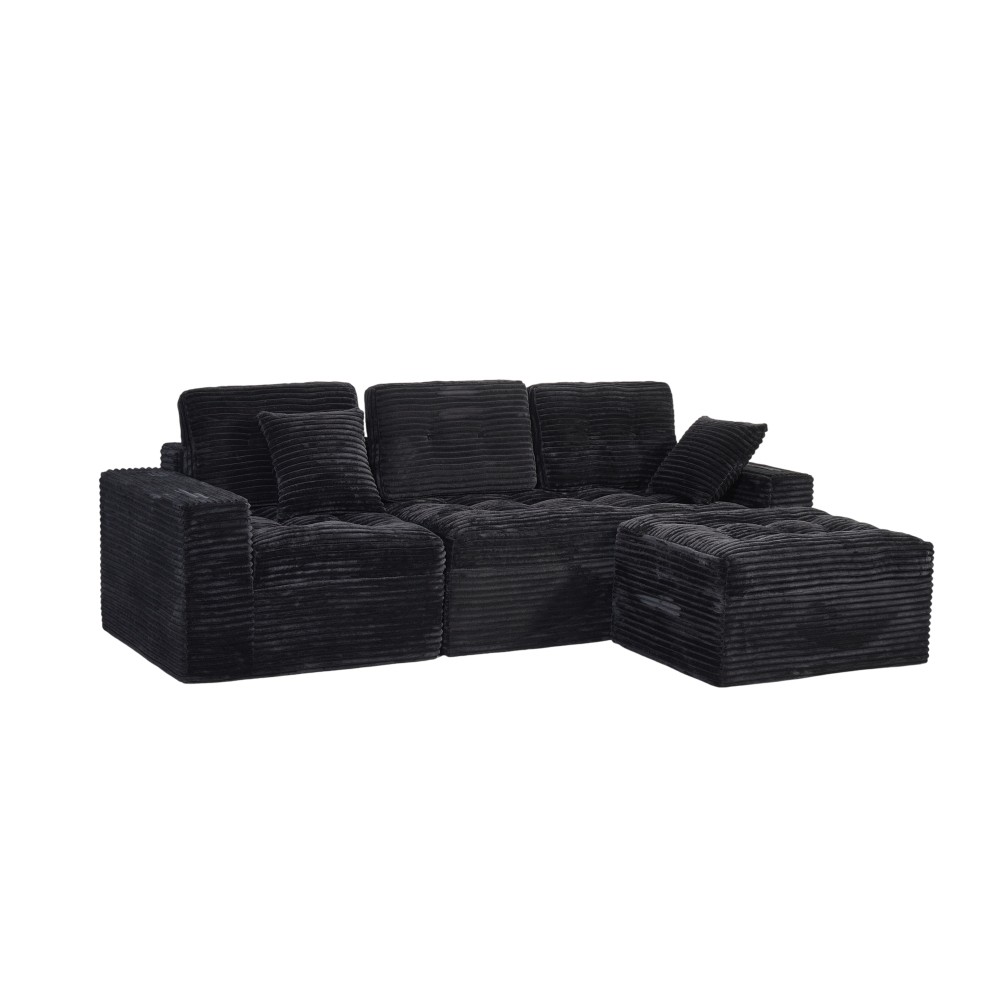 Modular Cloud Sectional Sofa 105" w/ Ottoman, All-Foam, Faux Fur, Black