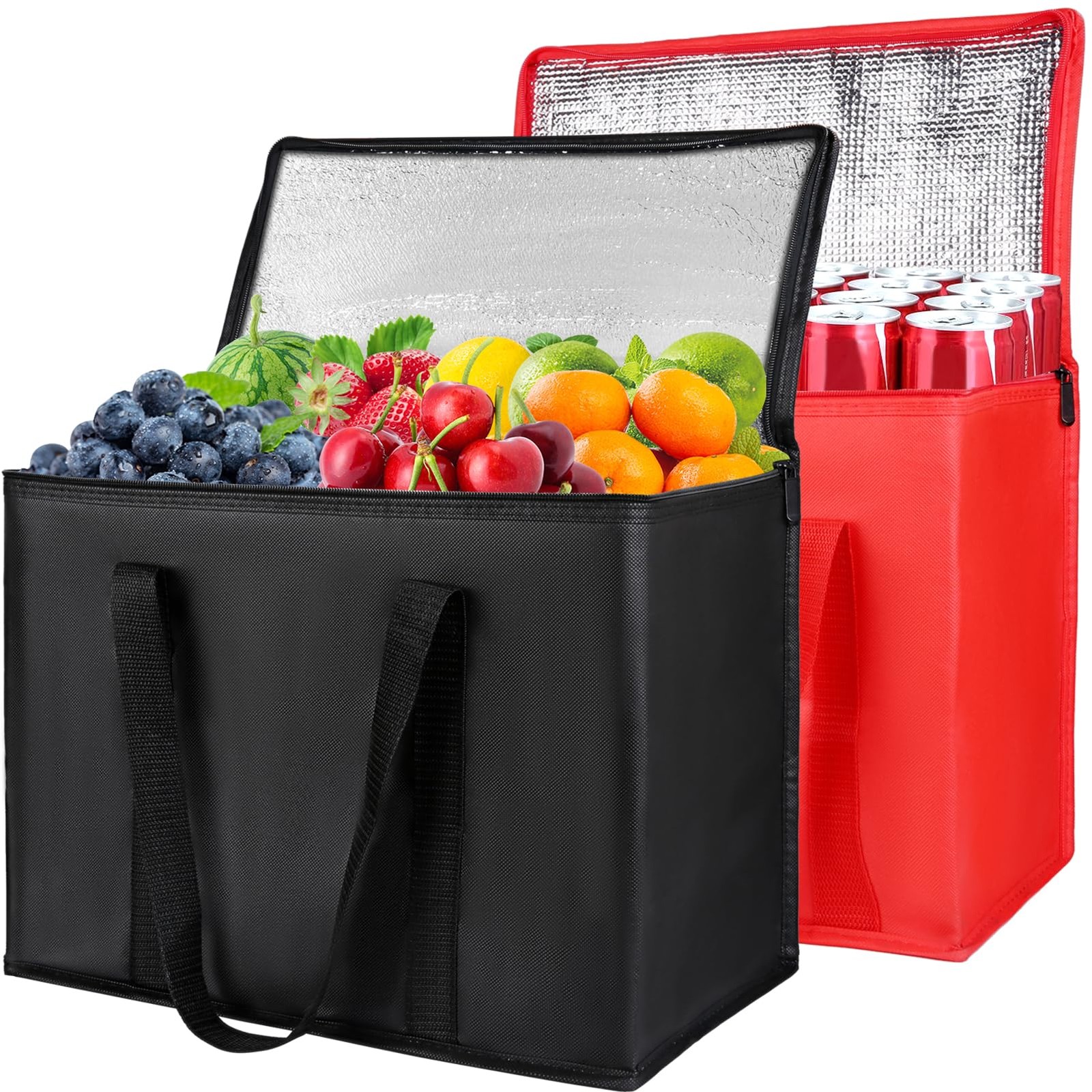 2Pk Insulated Reusable Grocery Bags 16 x 13 x 9 inches, Black + Red