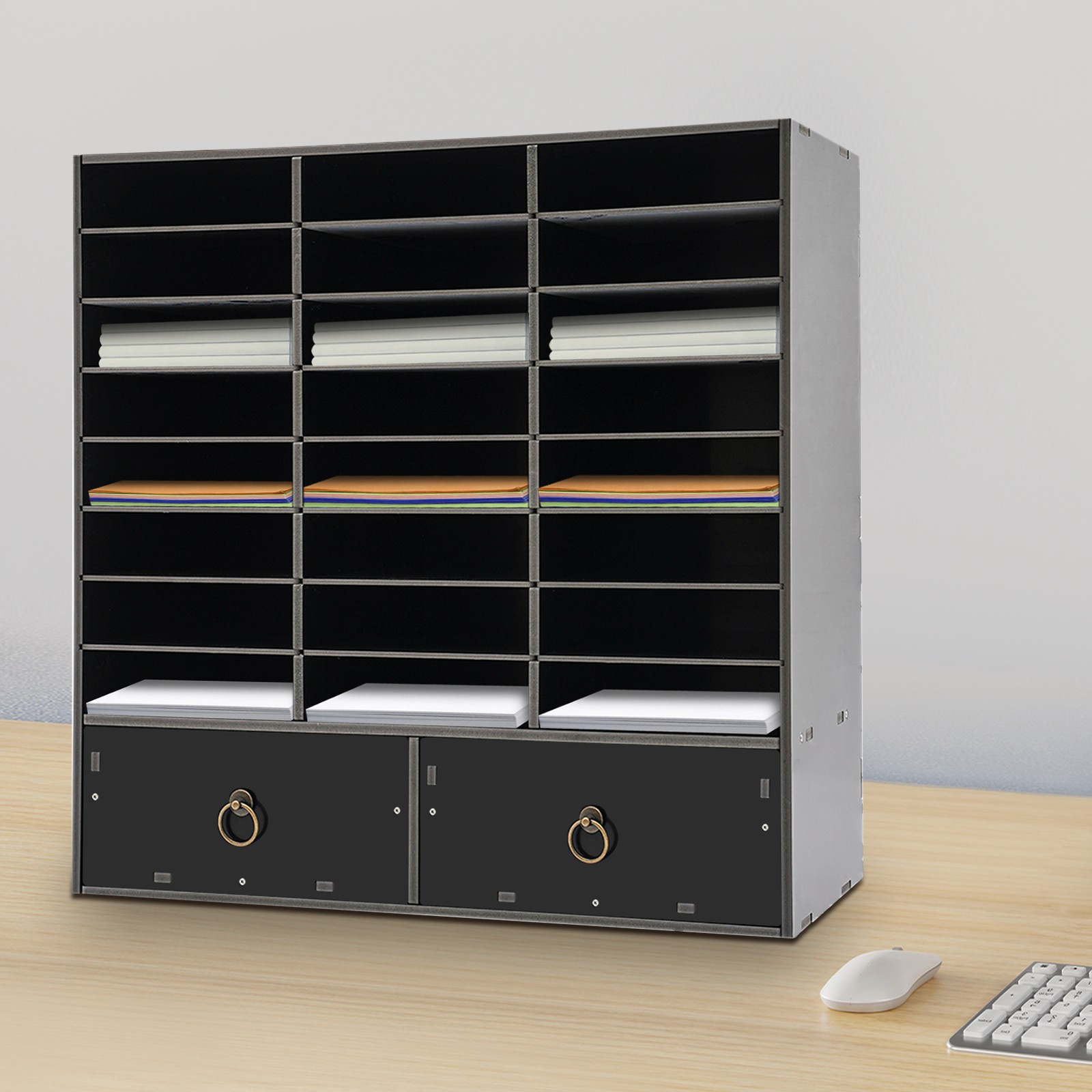 24 Compartments Paper Mail DeskOrganizer Storage Cabinet with 2 Drawer Office