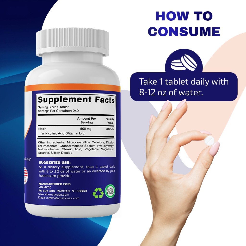Vitamatic Niacin (Vitamin B3) 500mg, Sustained Release - 240 Tablets