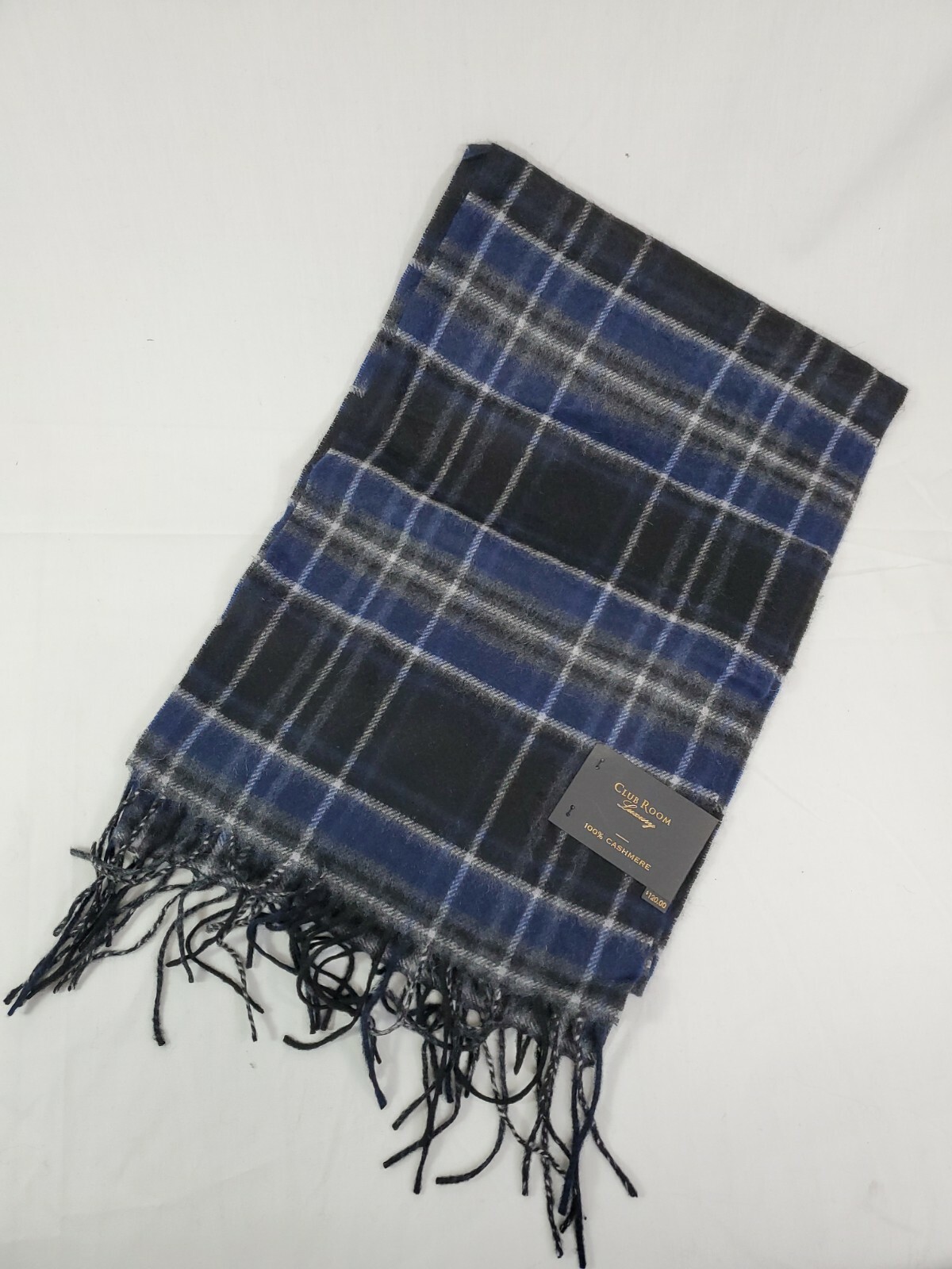 Club Room Mens Scarf Blue Black One Size Plaid Cashmere Fringe Trim NWT $120