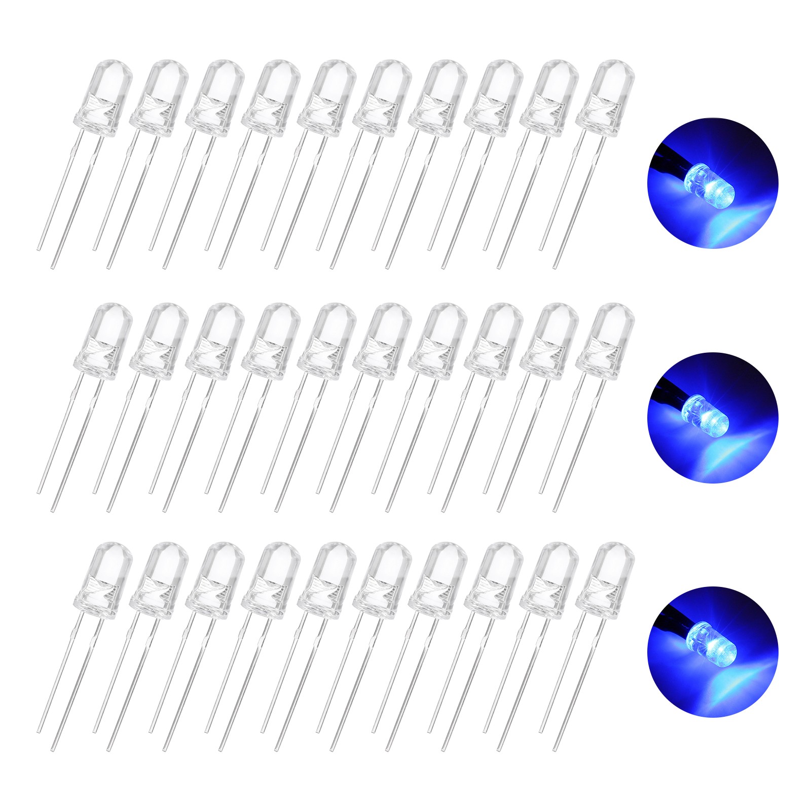 100pcs 5mm LED Diode Lights, Blue Round Transparent DC 3.0-3.2V