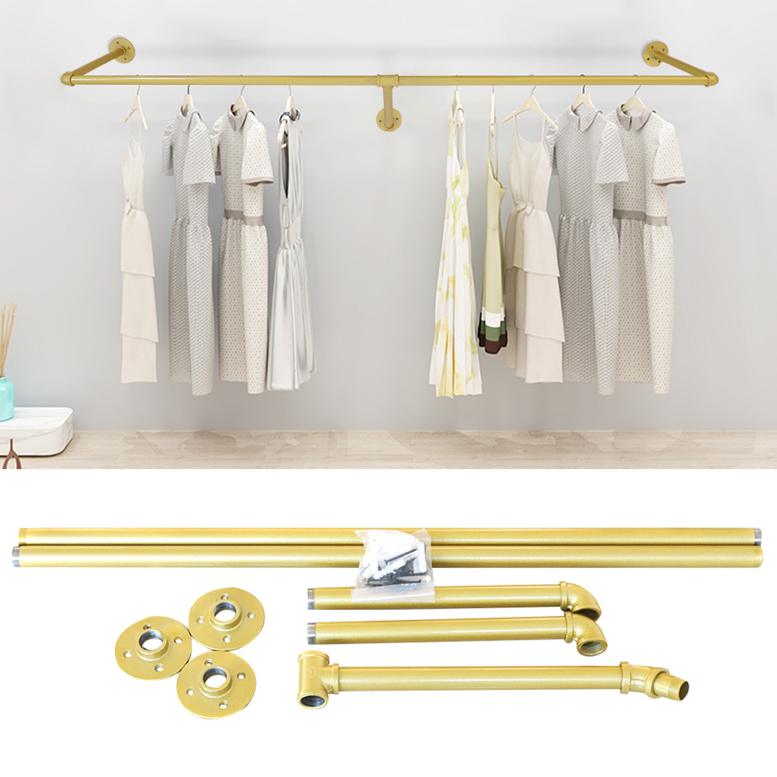 Industrial Gold Clothes Rack Pipe Clothes Hanging Pole Shelves Wall Mounted