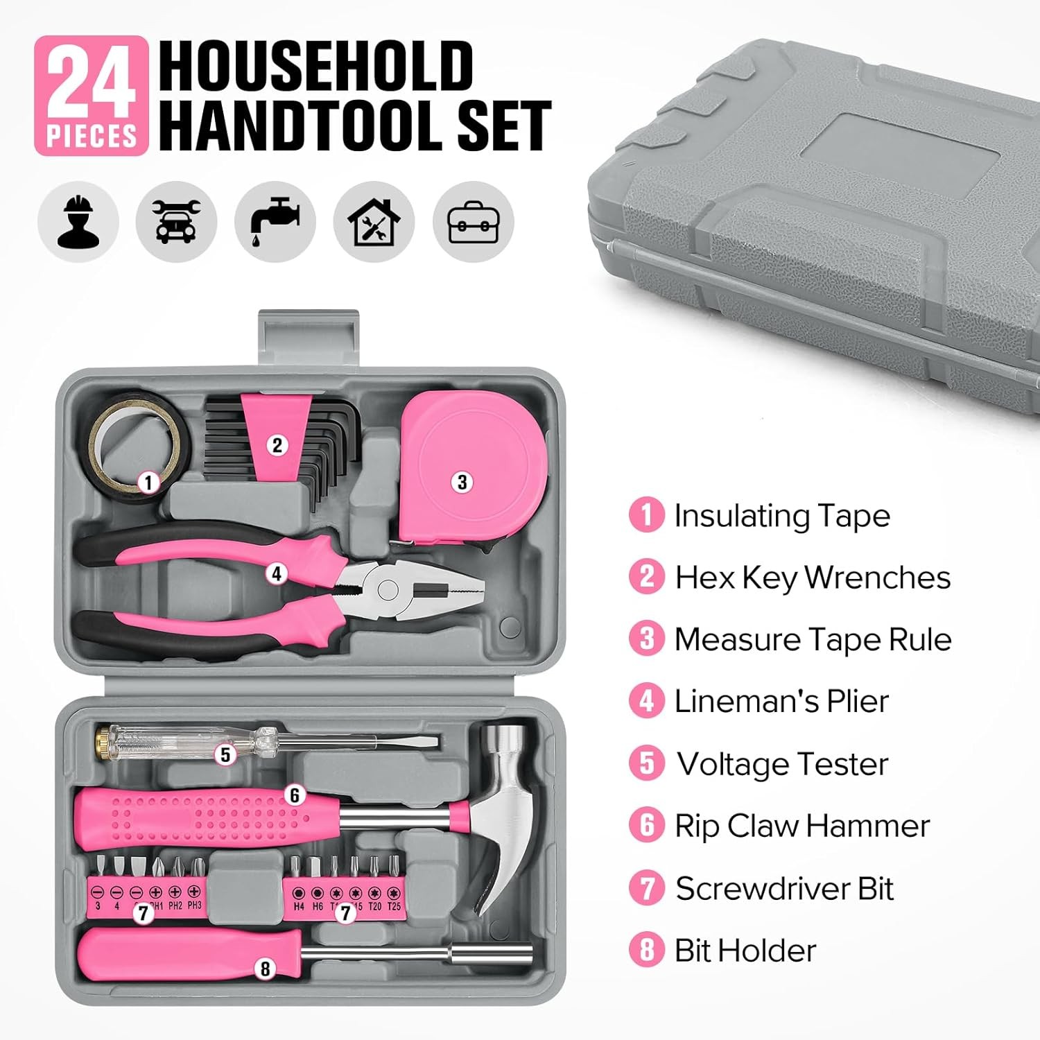 25PCS Pink Household DIY Tool Kit, Small Mini Tool Box Set of Starter Basic Tool