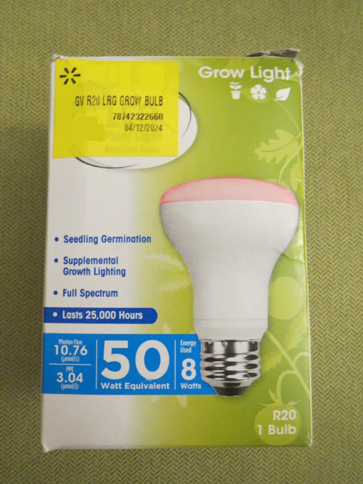 Great Value (Walmart) LED Plant Grow Light Bulb 50W, Model R20 Standard Base A19