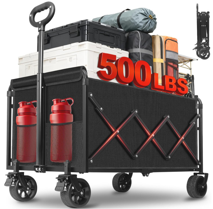Carro plegable 500 lb con frenos y ruedas todo terreno, gran capacidad negro