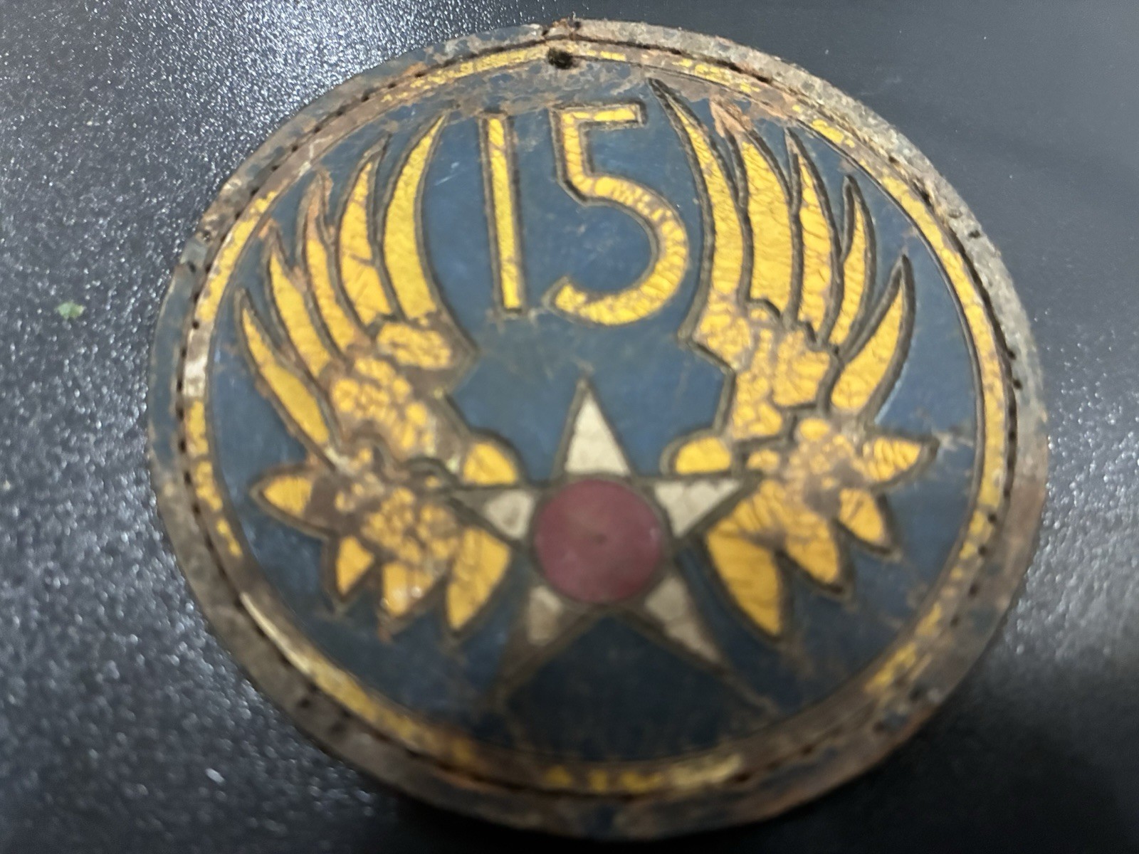 Rare WW2 15th USAAF Skelton Wings. Italian Made, Incised Leather, Handpainted 3"