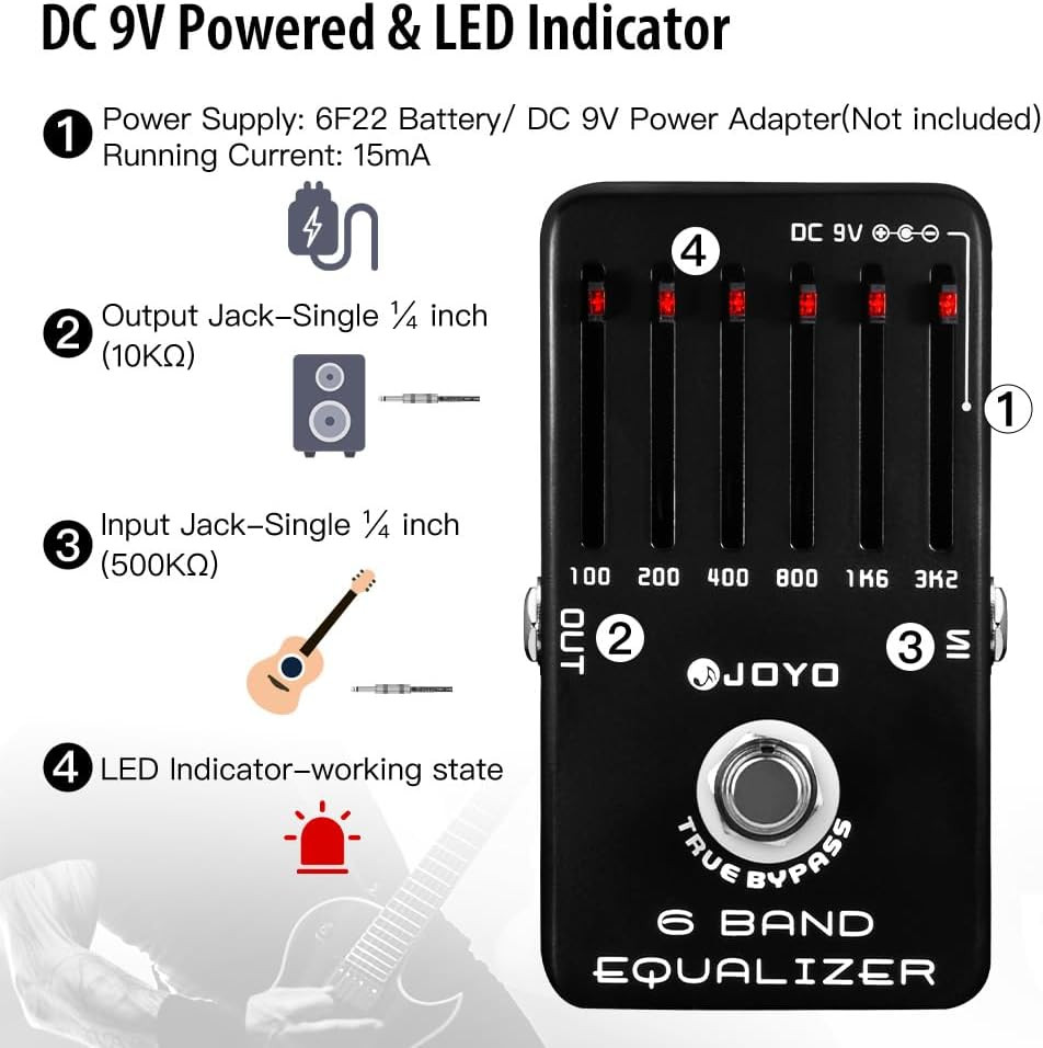 6-Band EQ Pedal Electric Guitar Equalizer (100Hz 200Hz 400Hz 800Hz 1.6Khz 3.2Khz