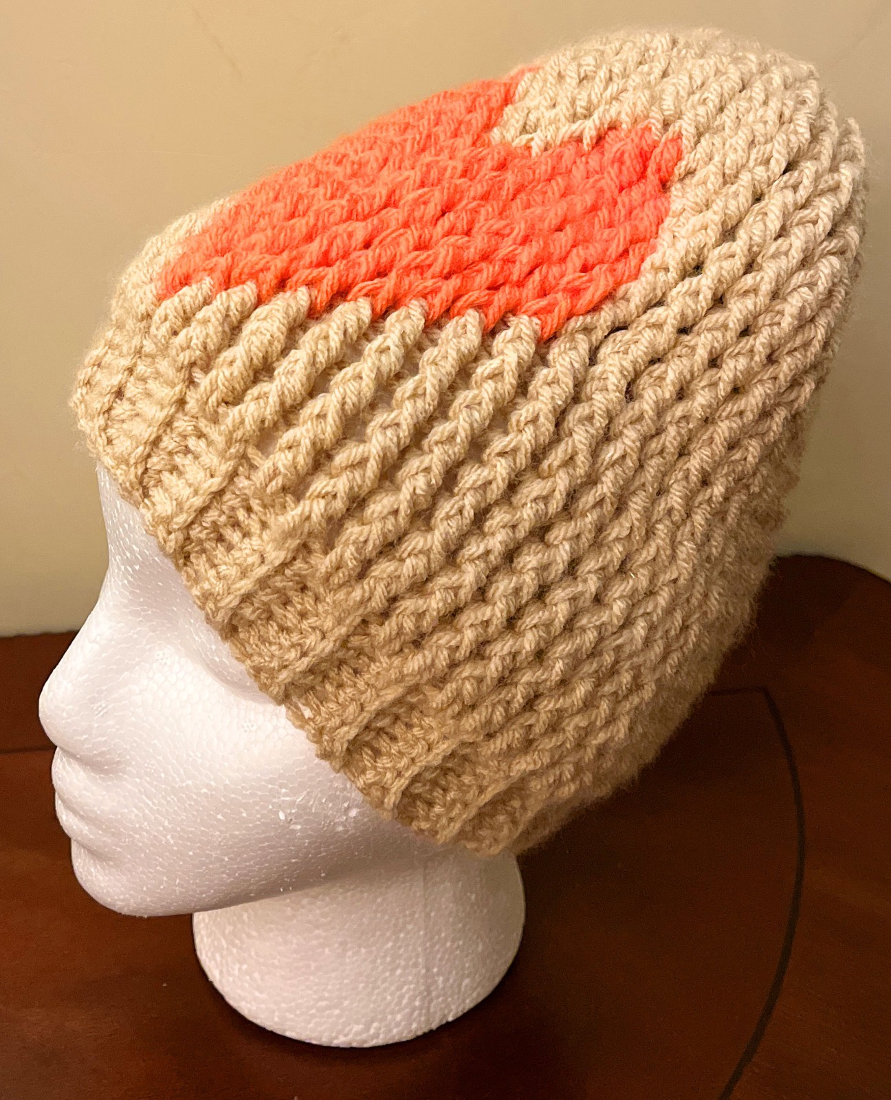 Handmade Crochet Beige VALENTINE's DAY GIFT Beanie For Unisex Teens L-9"