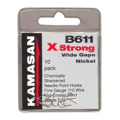 KAMASAN B611 X-STRONG WIDE GAPE NICKLE  SPADE END HOOKS 18's (K15)