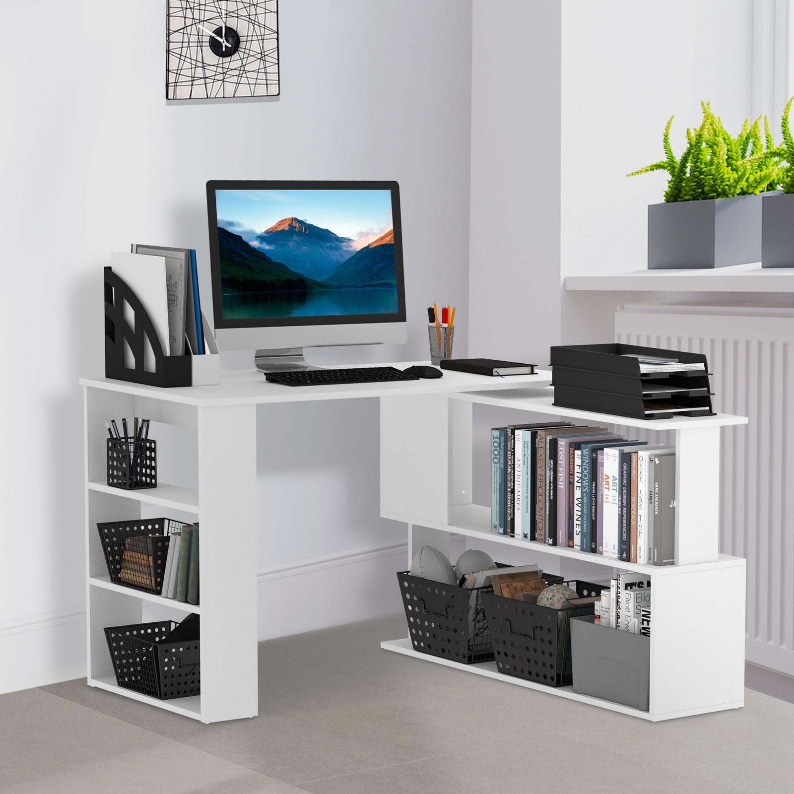 360° Rotating Home Office Desk L Shaped Corner Computer Desk With Shelves, White