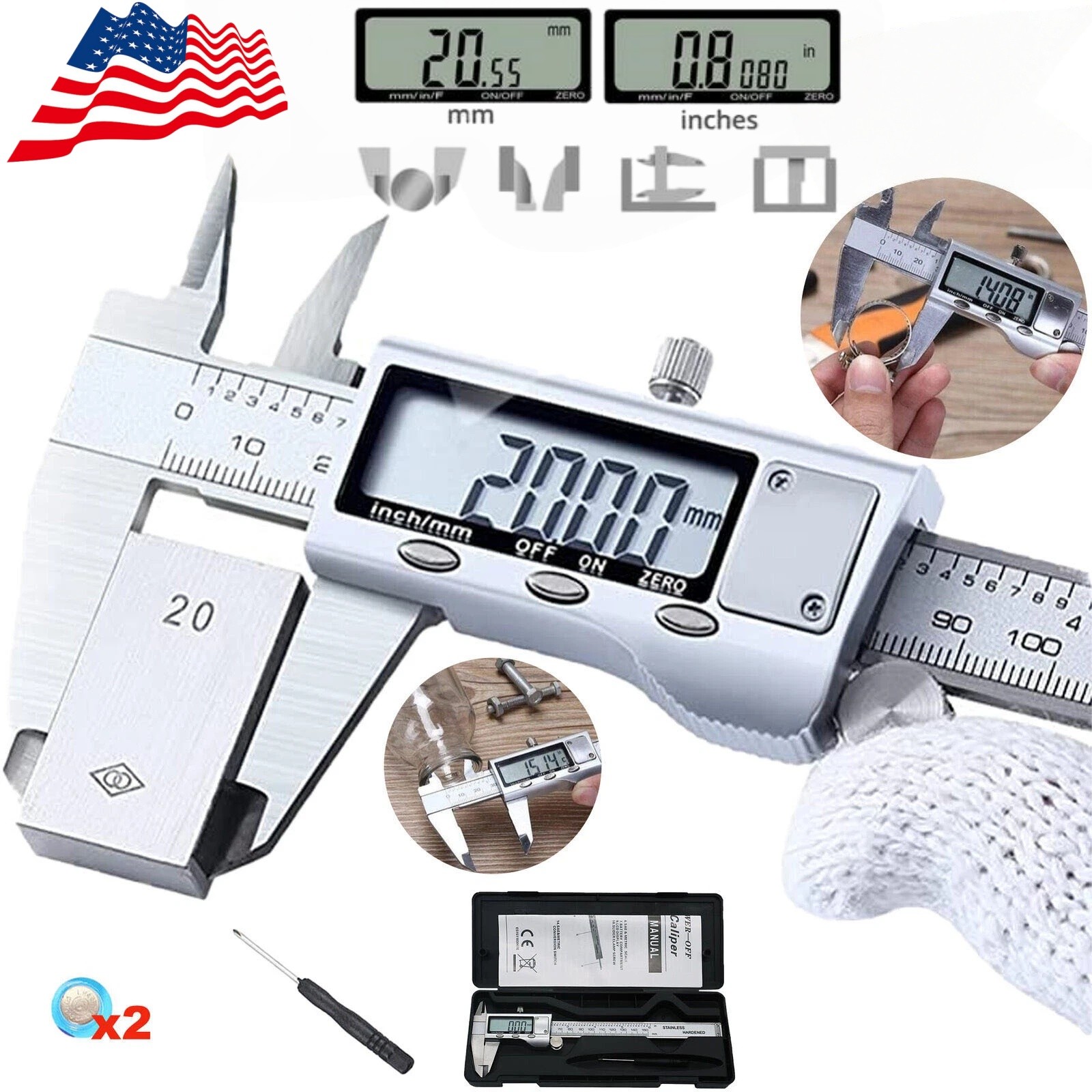 Stainless Steel Digital Caliper 0-6" 150mm, LCD 4-Function Measuring Tool