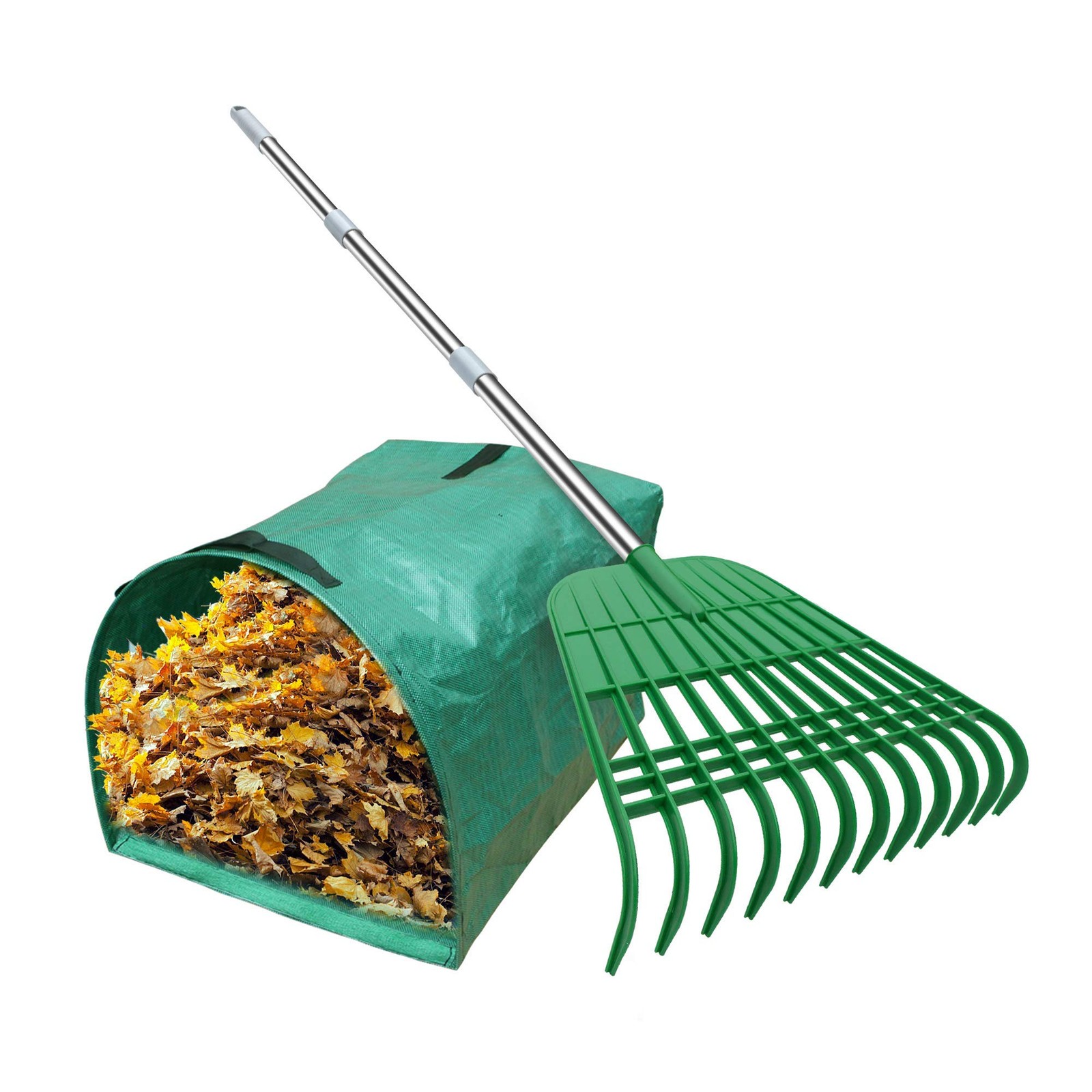 12 Tines Gardening Leaf Rake with Lightweight Steel Handle and Garden Bag
