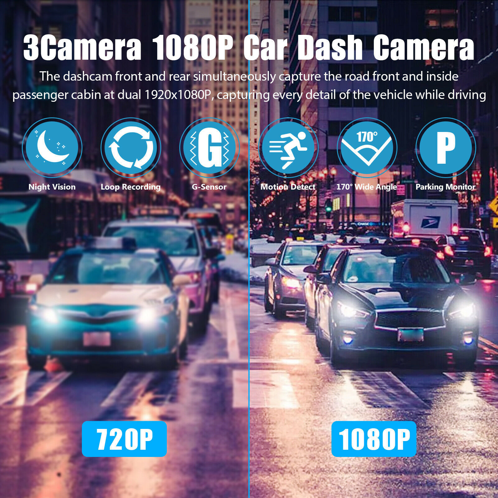 3 lenses Camara De Seguridad Dash Cam Para Auto Carro Delantero/Trasero/Interior