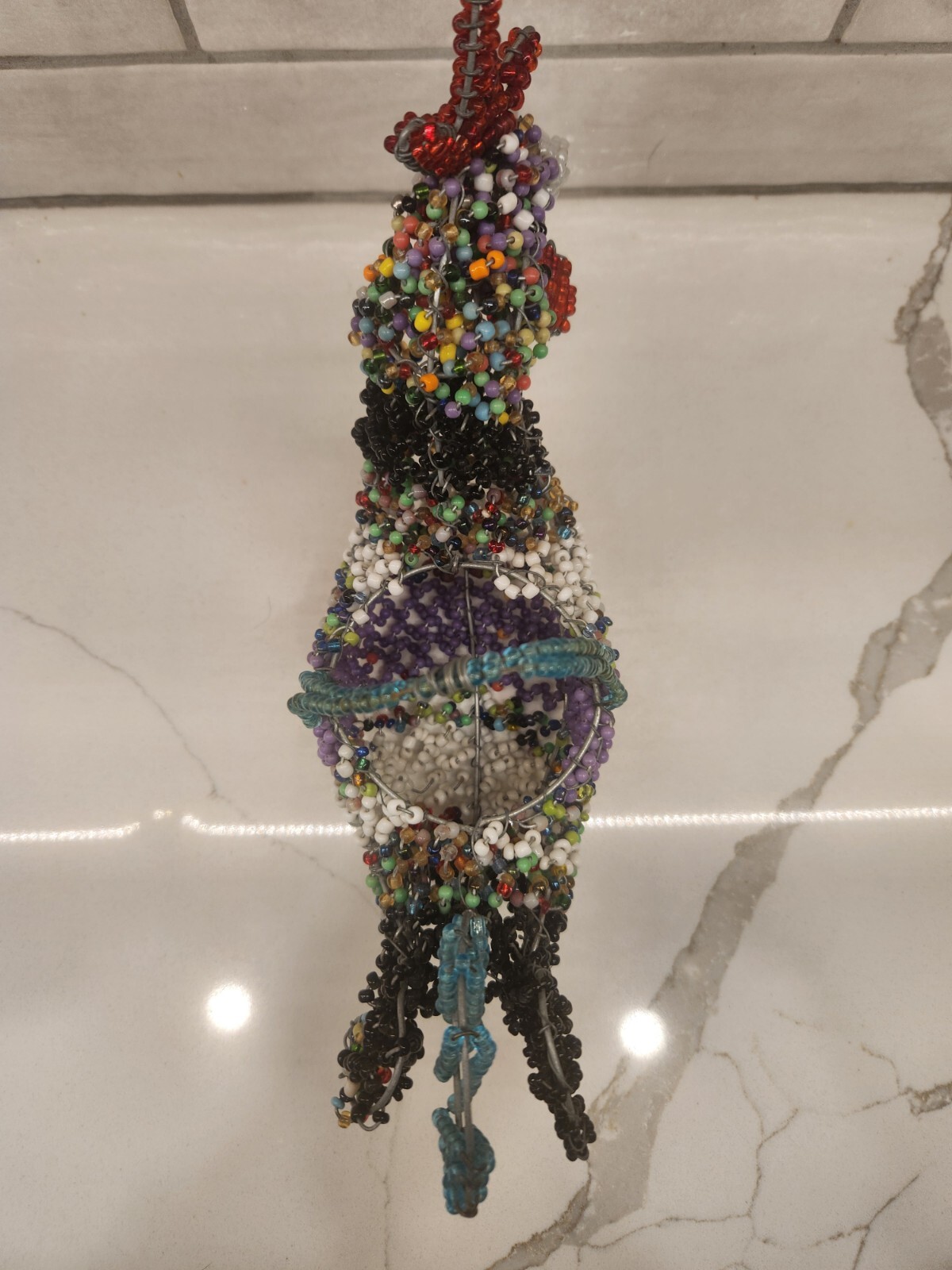 Multicolored Wire Hand Beaded Rooster Basket With Beaded Handle Maker Unknown