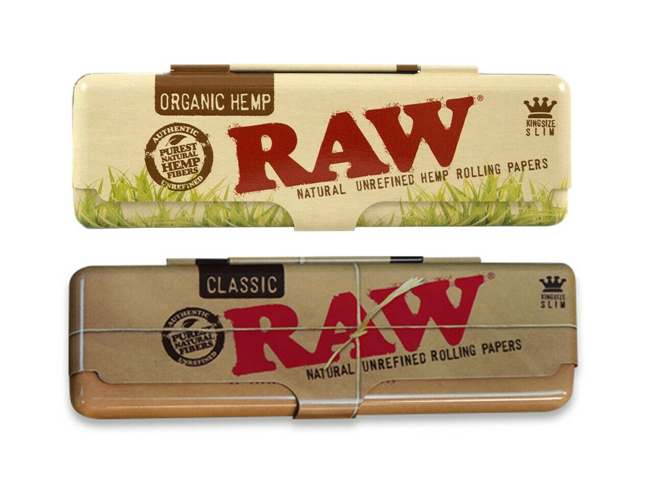 Both RAW Rolling papers Metal Paper Case King size Classic and Organic Hemp