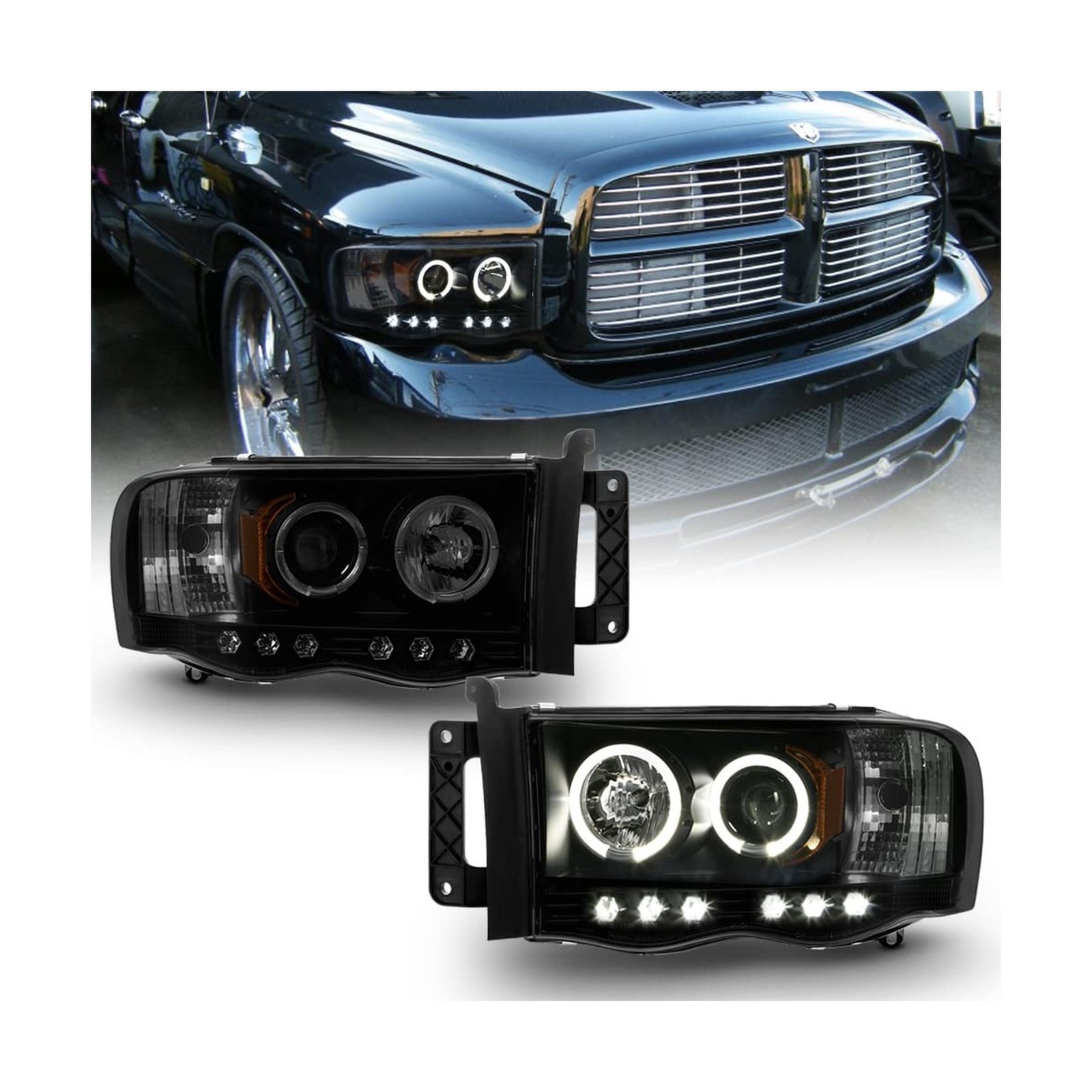 LED Headlights For Dodge Ram 2002-2005, Black Smoked Projector, Halo Ring, Pair