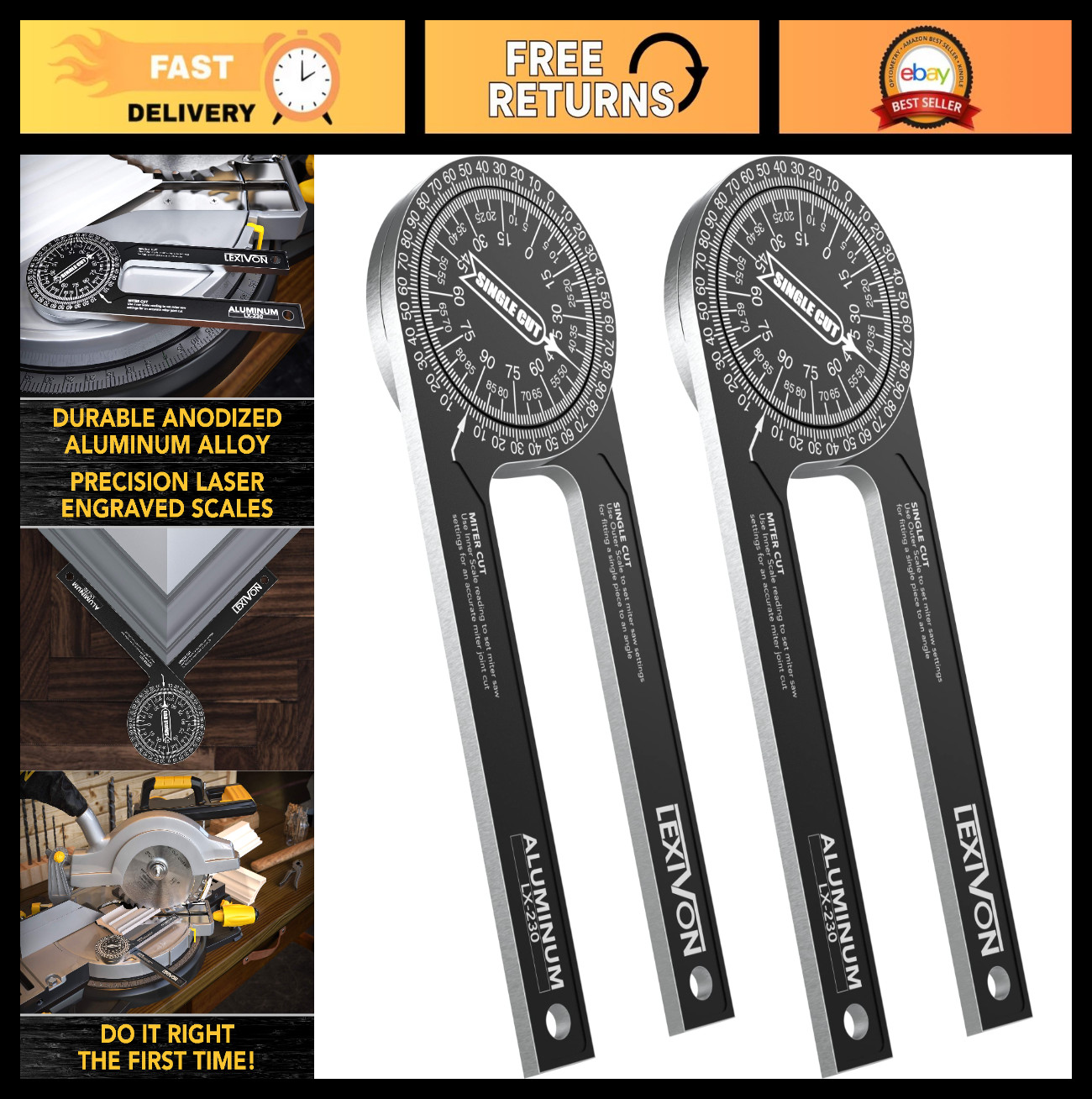 2-Pack Aluminum Miter Saw Protractor | 7-Inch Rust Proof Angle Finder with Laser