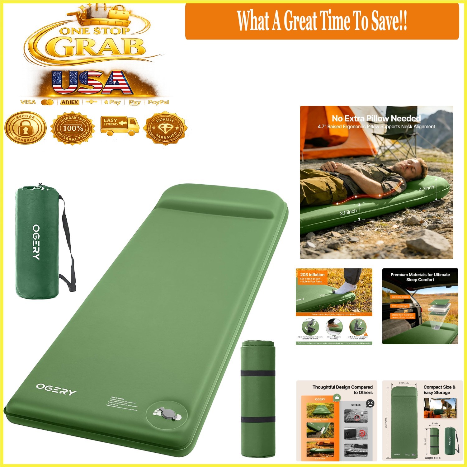 Self-Inflating Camping Sleeping Pad 3" Memory Foam Foot Pump Insulated Green