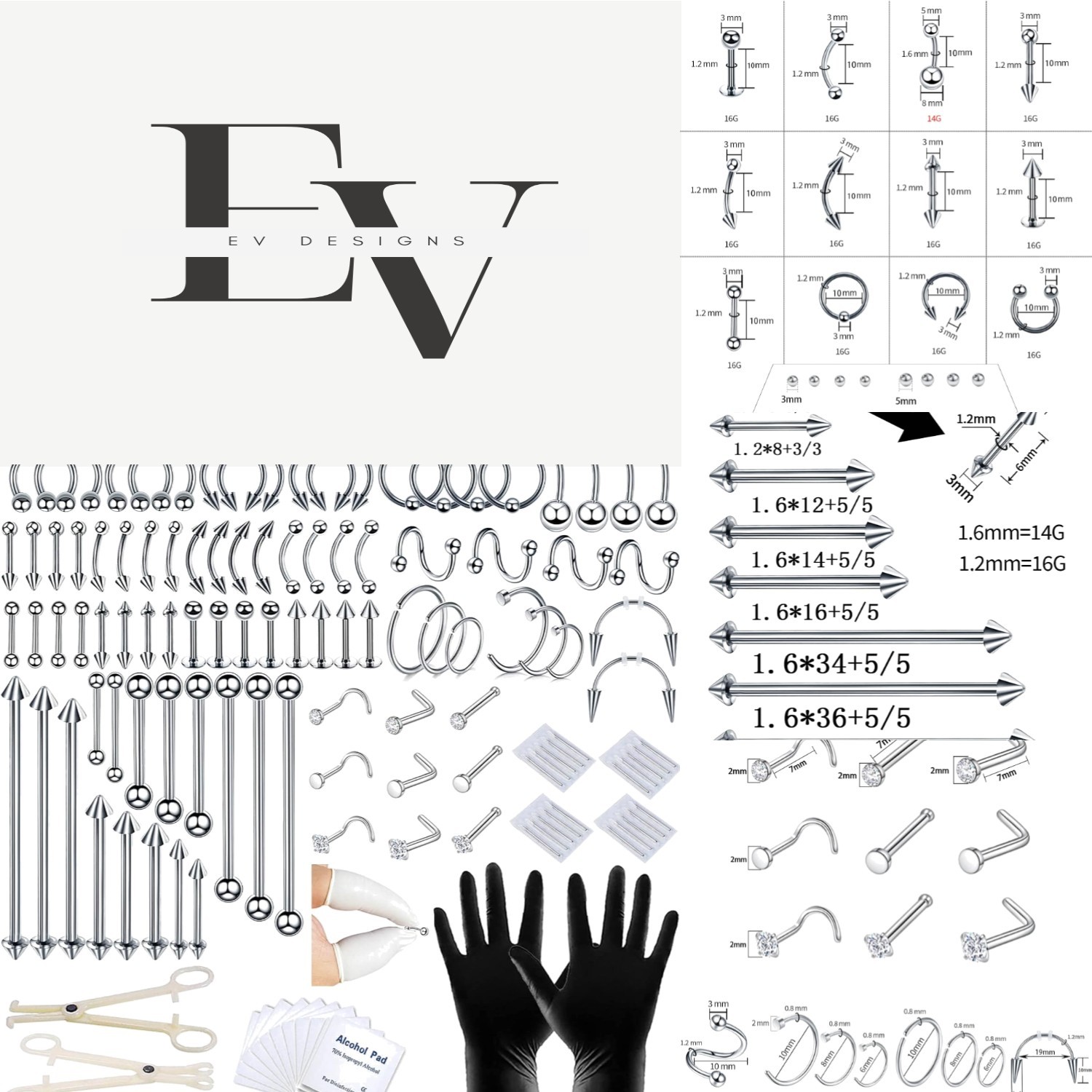 Mixed-Piercing Collection: 120Pcs 14G/16G Jewelry and Tools for Body Piercings